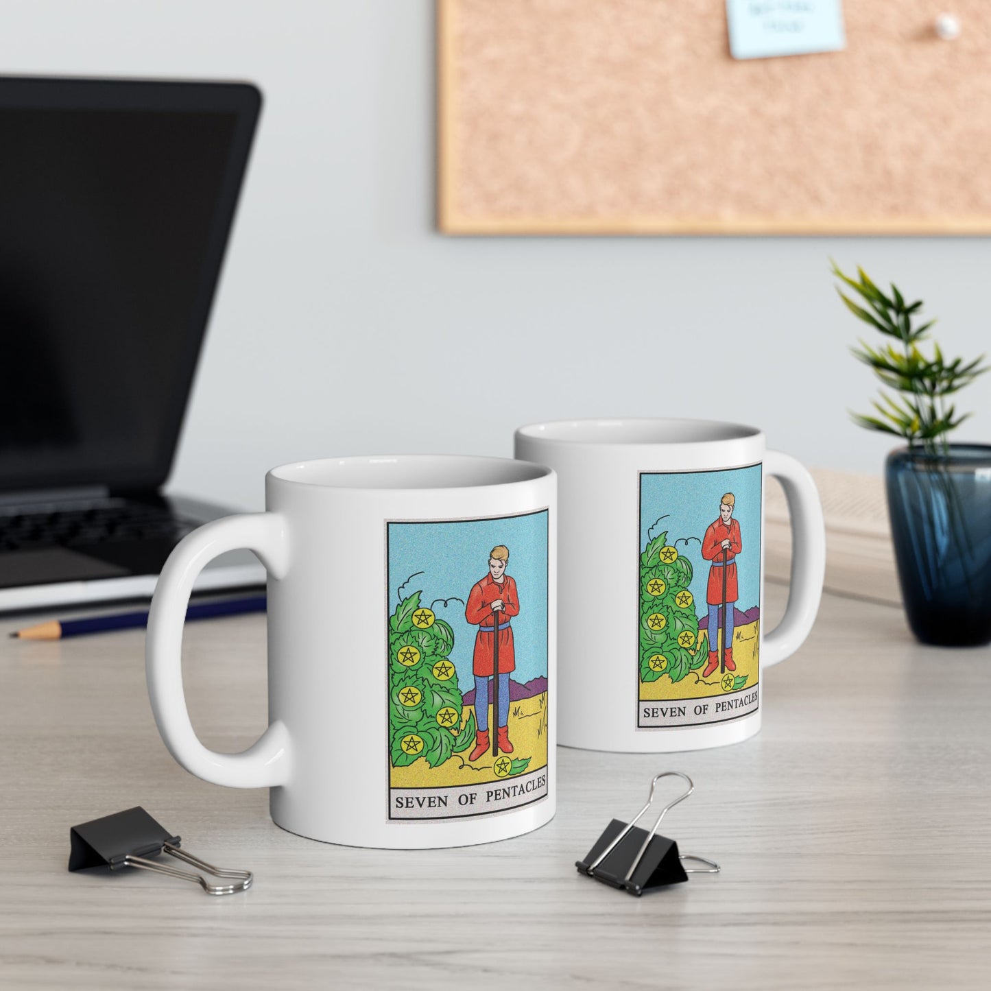 ﻿Seven of Pentacles Tarot Card Coffee Mug - Double Sided Print, White Ceramic, 11oz by TheGlassyLass