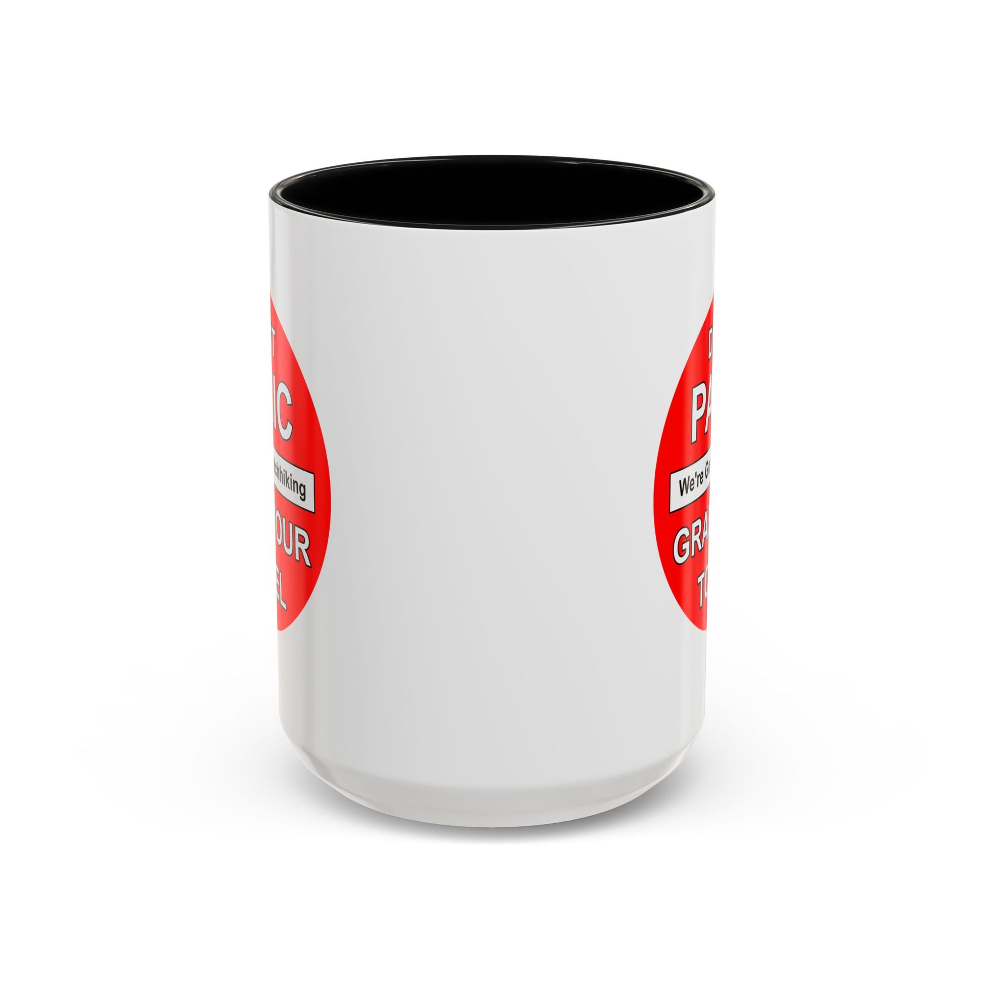 Don't Panic Coffee Mug - Double Sided Black Accent White Ceramic 15oz by TheGlassyLass.com