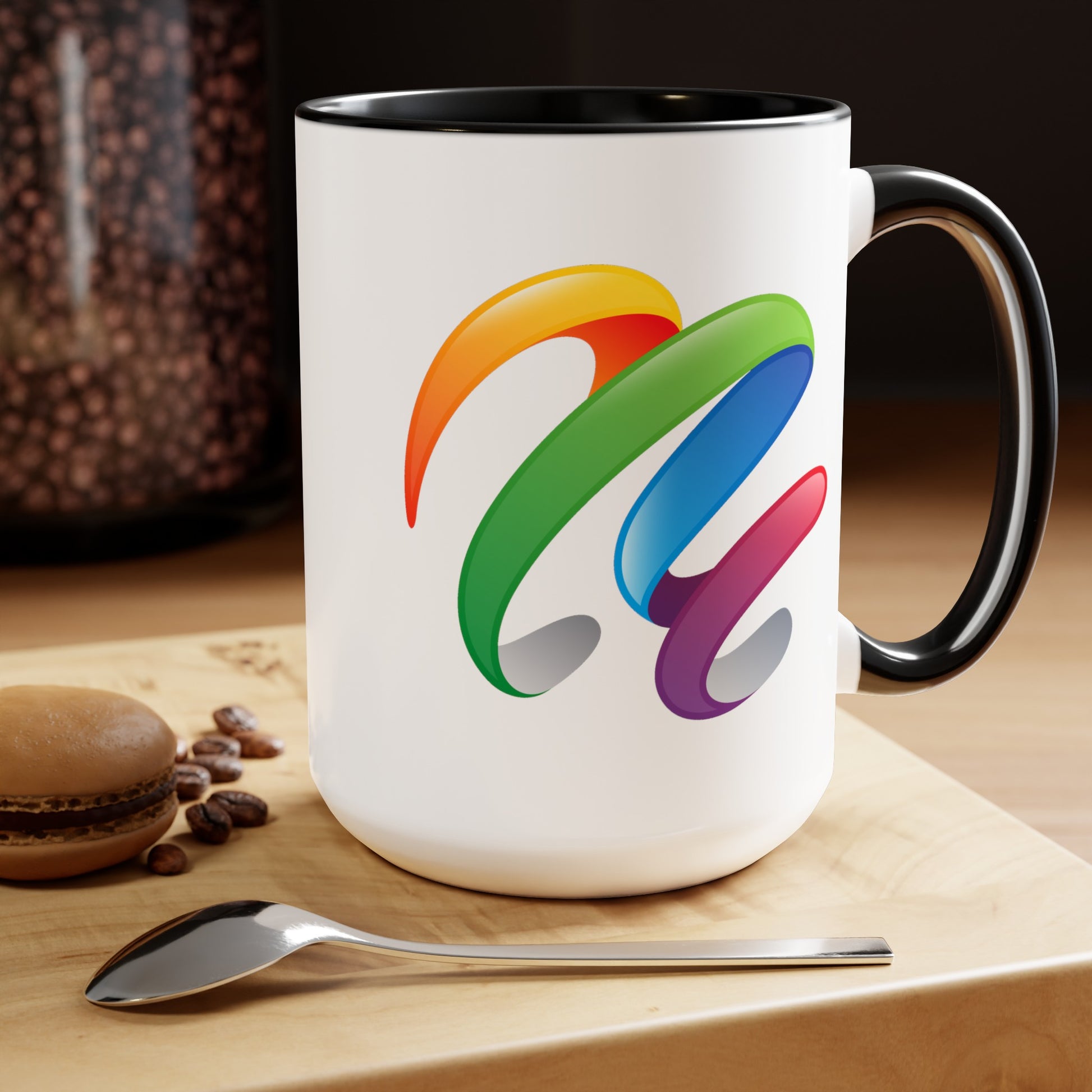 Rainbow Swirl Coffee Mug - Double Sided Black Accent White Ceramic 15oz by TheGlassyLass.com