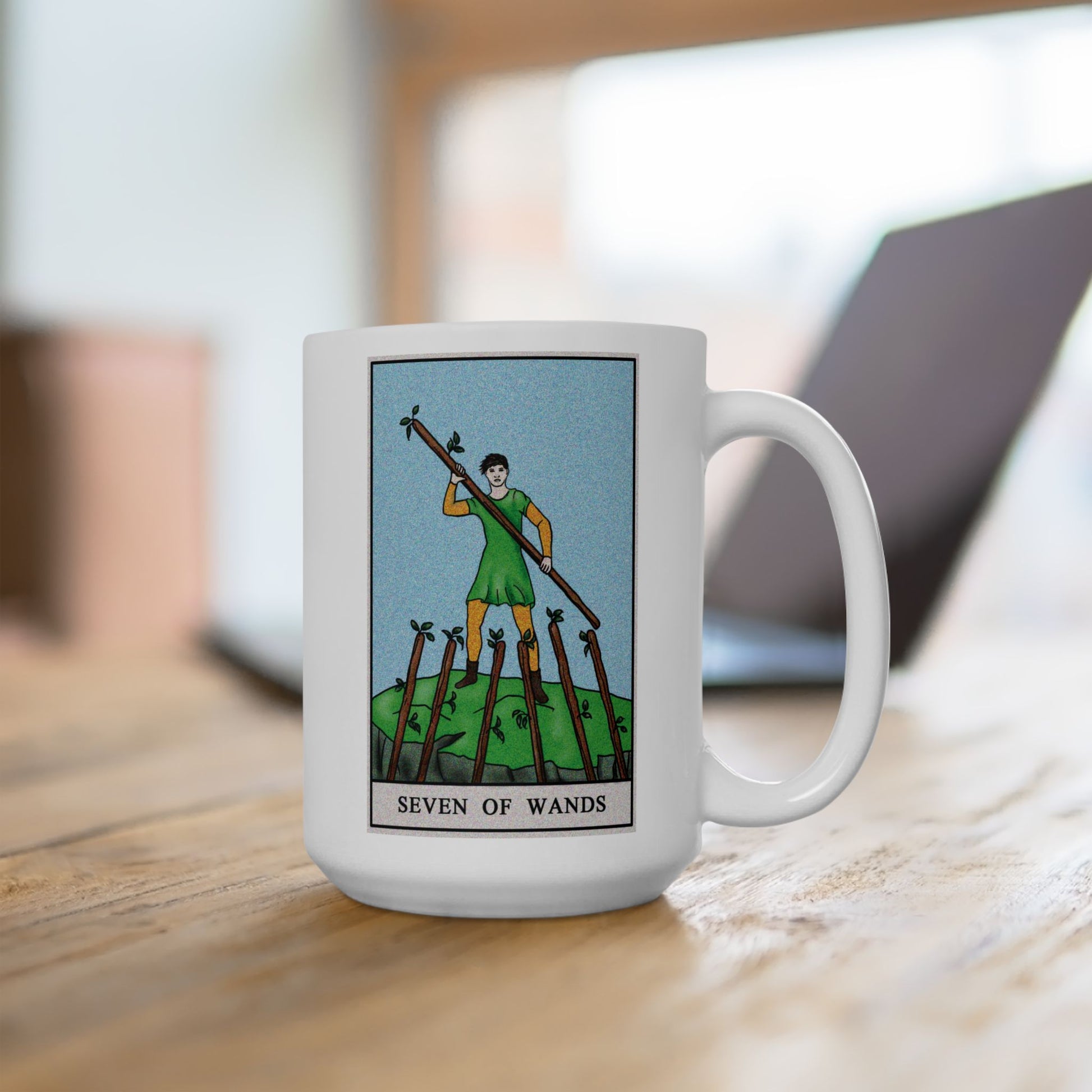 Seven of Wands Tarot Card Coffee Mug - Double Sided White Ceramic 15oz by TheGlassyLass.com