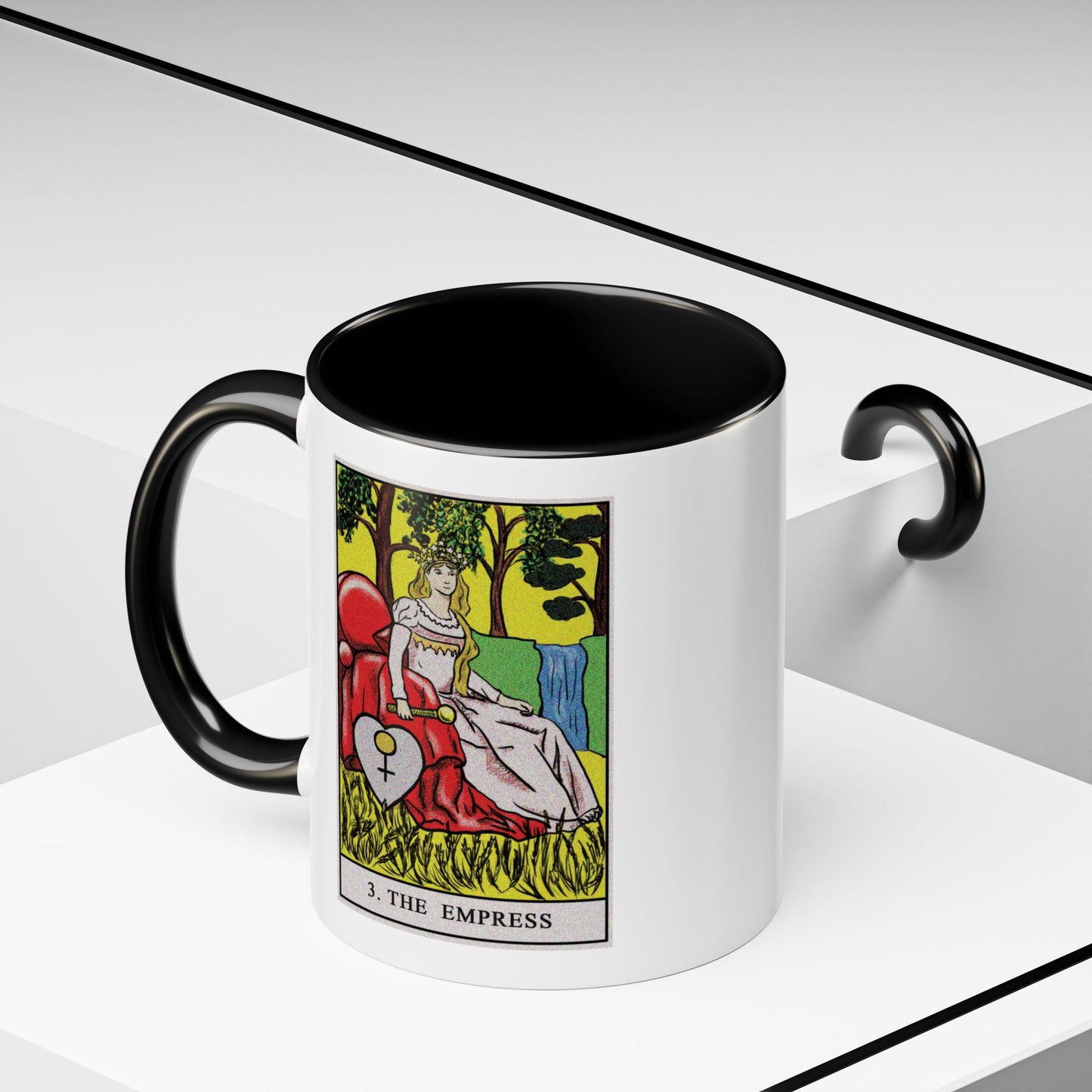 The Empress Tarot Card Coffee Mug - Double Sided Print, Black Accent White Ceramic, 11oz by TheGlassyLass