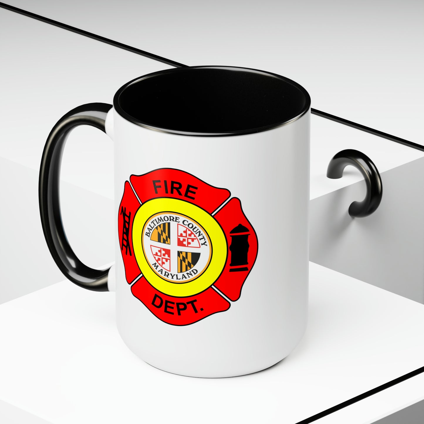 Baltimore Fire Department Coffee Mug - Double Sided Black Accent White Ceramic 15oz by TheGlassyLass