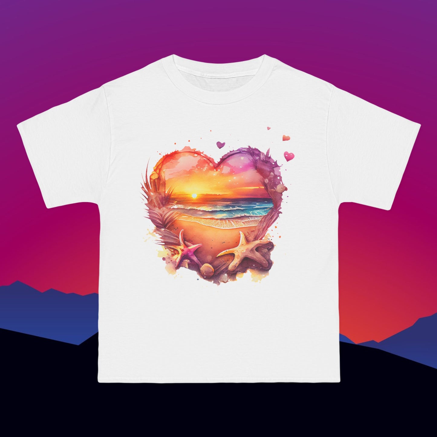 Beach Heart Travel T-Shirt: (Hanes Beefy-T 100% Preshrunk Cotton) Custom Printed by TheGlassyLass.com