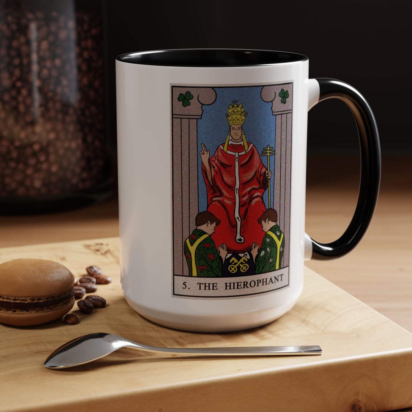 The Hierophant Tarot Card Coffee Mug - Double Sided Black Accent White Ceramic 15oz by TheGlassyLass.com
