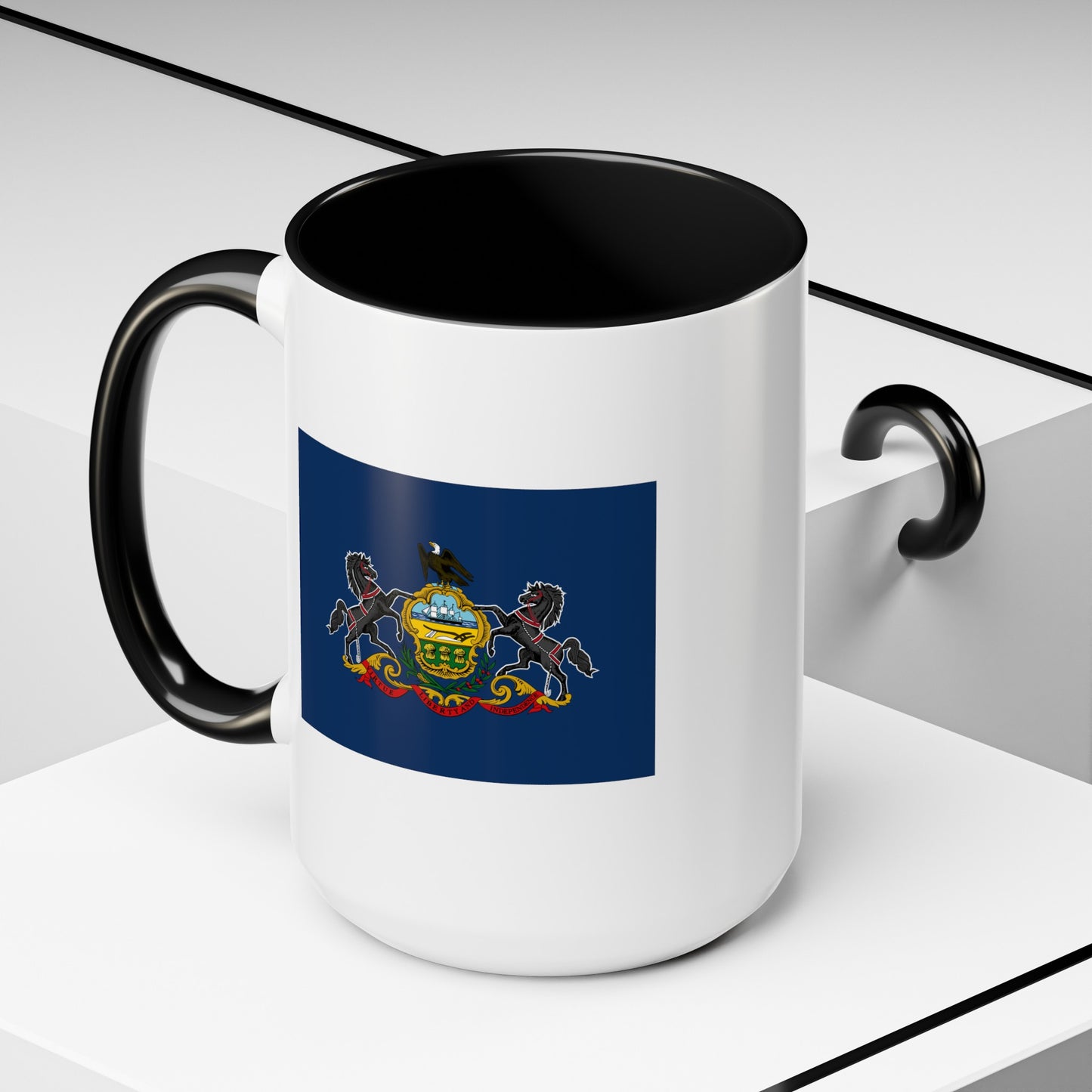 Commonwealth of Pennsylvania State Flag - Double Sided Black Accent White Ceramic Coffee Mug 15oz by TheGlassyLass.com