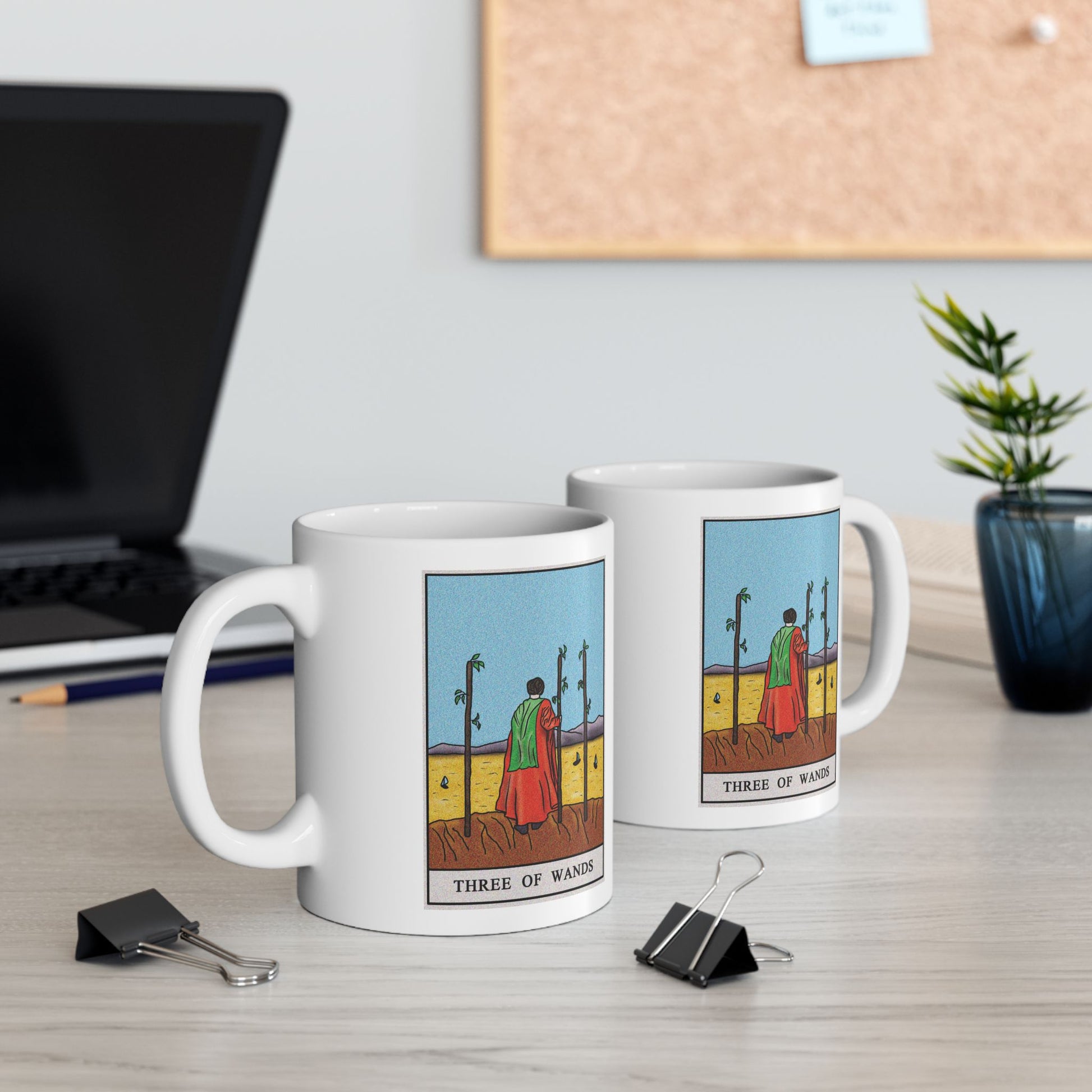 Three of Wands Tarot Card Coffee Mug - Double Sided Print, White Ceramic, 11oz by TheGlassyLass.com