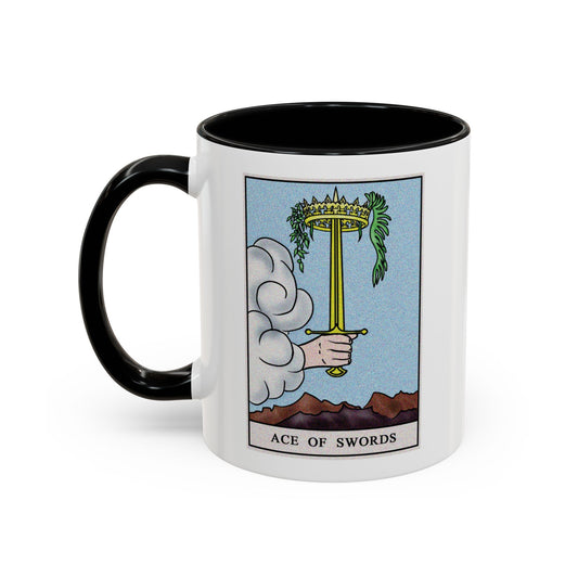 Ace of Swords Tarot Card Coffee Mug - Double Sided Print, Black Accent White Ceramic, 11oz by TheGlassyLass.com
