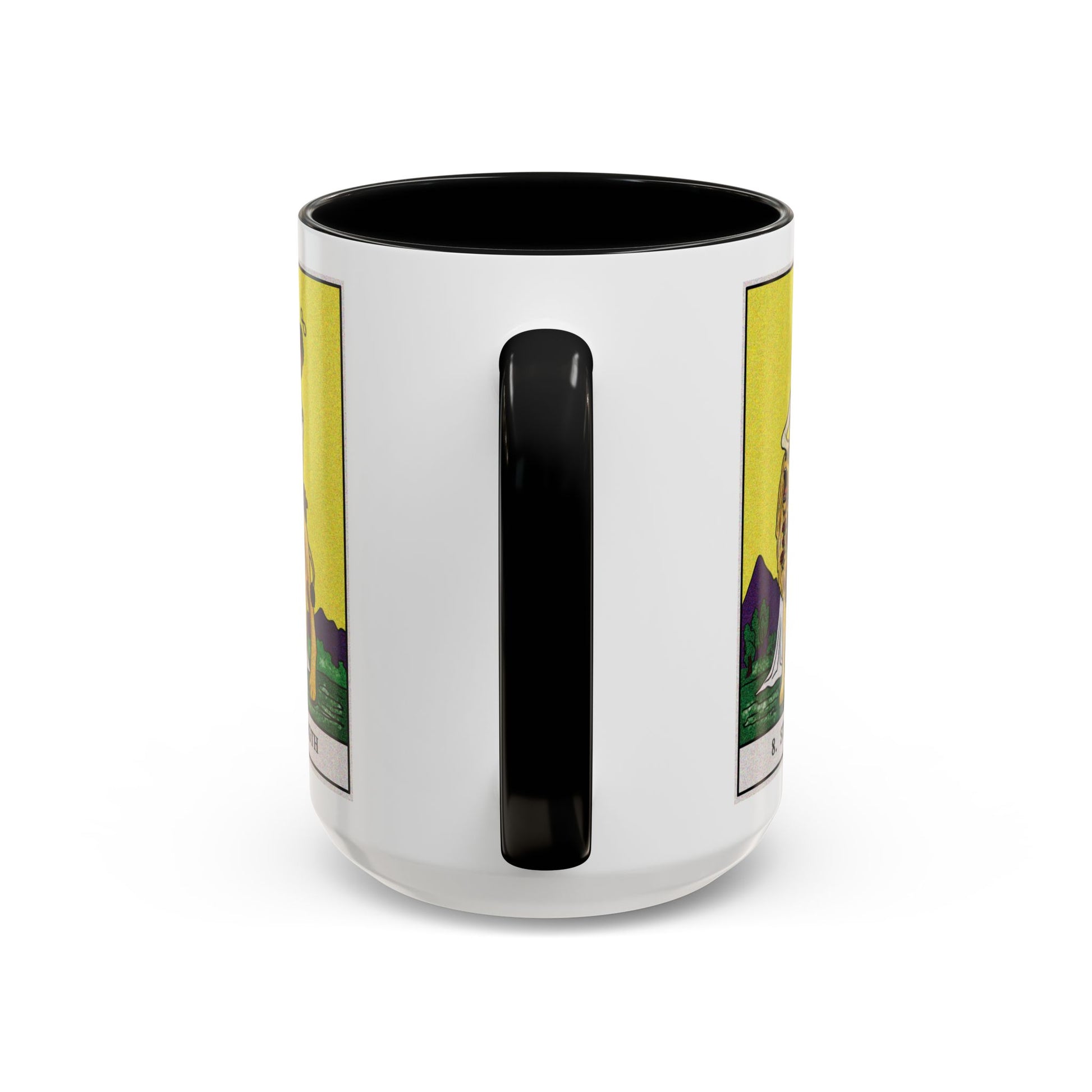 Strength Tarot Card Coffee Mug - Double Sided Black Accent White Ceramic 15oz by TheGlassyLass.com