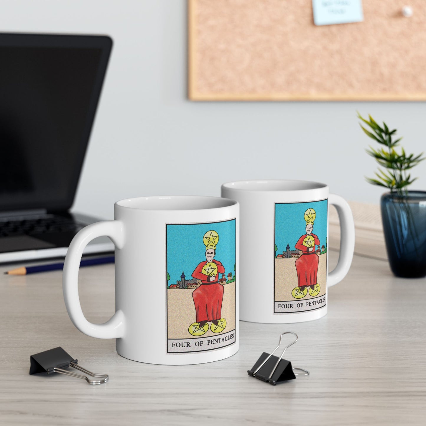 Four of Pentacles Tarot Card Coffee Mug - Double Sided Print, White Ceramic, 11oz by TheGlassyLass.com