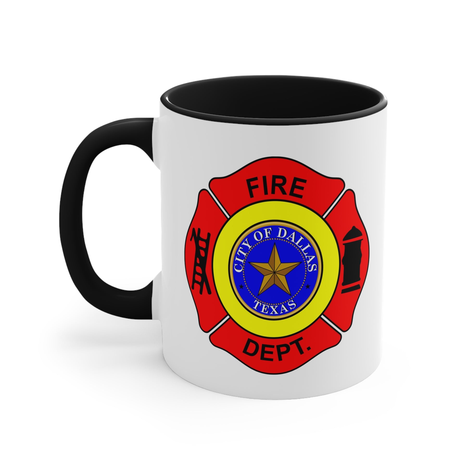 Dallas Fire Department Coffee Mug - Double Sided Print Black Accent White Ceramic 11oz by TheGlassyLass.com