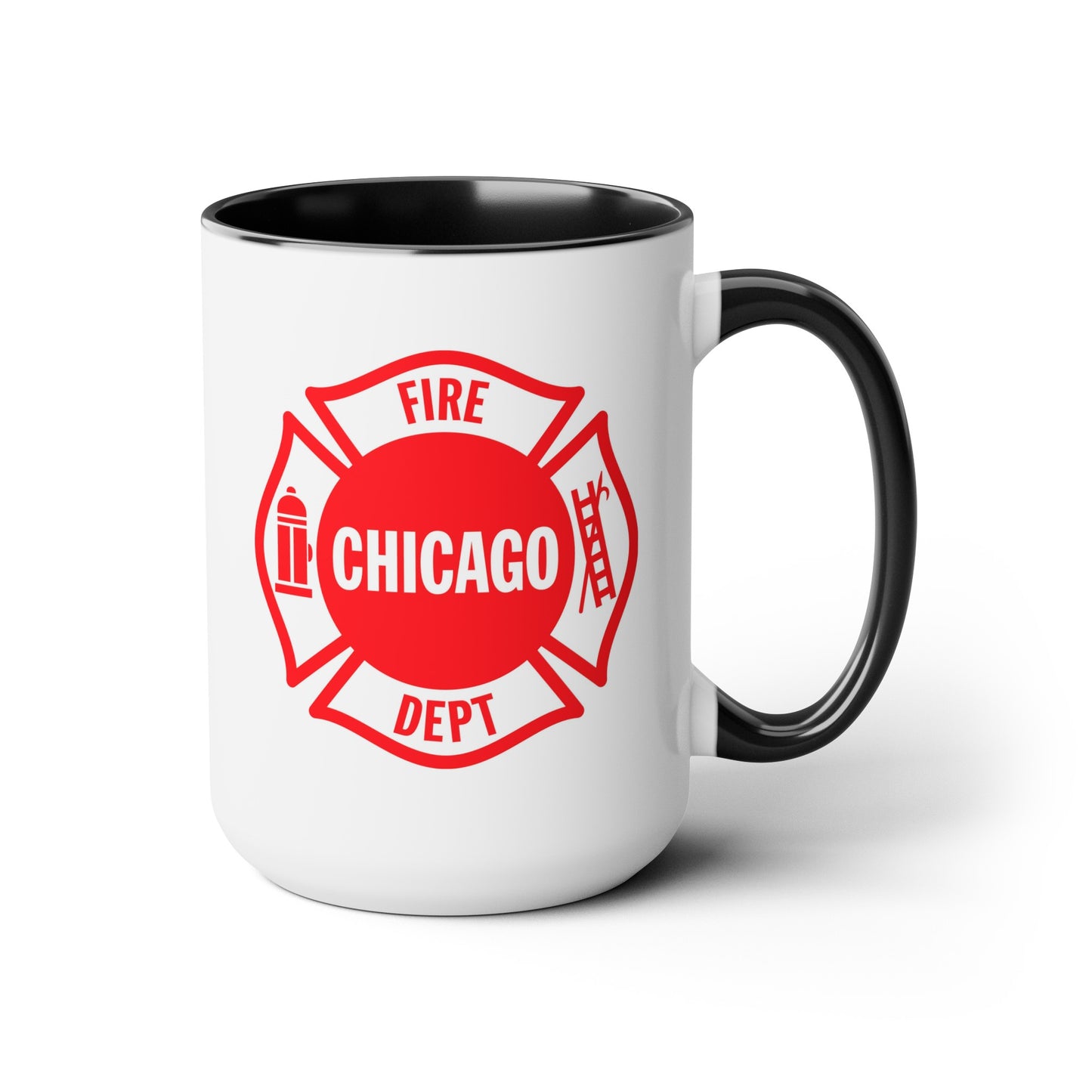 Chicago Fire Department Coffee Mug - Double Sided Print Black Accent Two Tone White Ceramic 15oz by TheGlassyLass.com