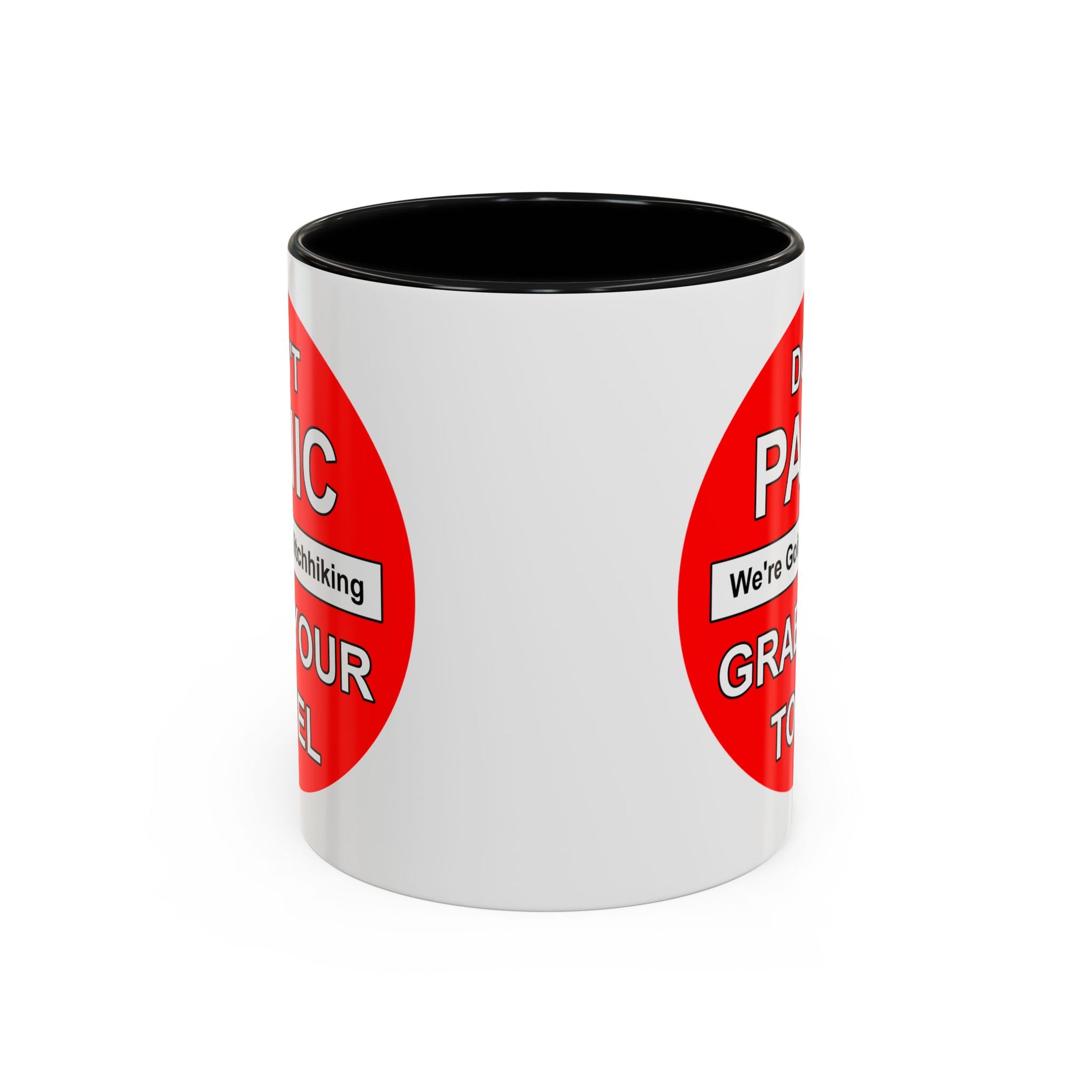 Don't Panic Coffee Mug - Double Sided Black Accent White Ceramic 11oz by TheGlassyLass.com