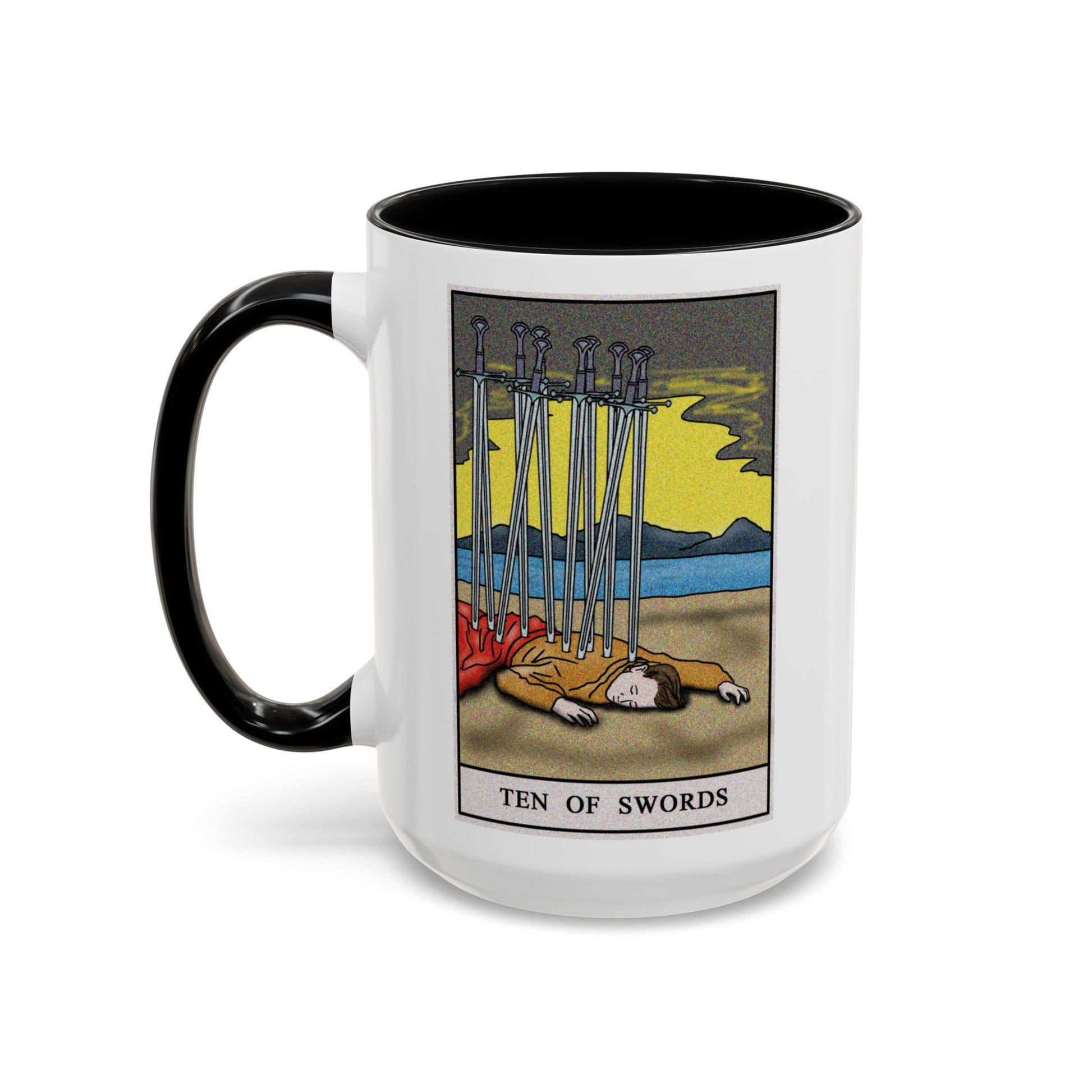 Ten of Swords Tarot Card Coffee Mug - Double Sided Black Accent White Ceramic 15oz by TheGlassyLass.com