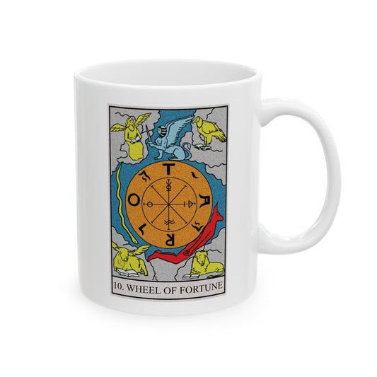 The Wheel of Fortune Tarot Card Coffee Mug - Double Sided Print, White Ceramic, 11oz by TheGlassyLass.com