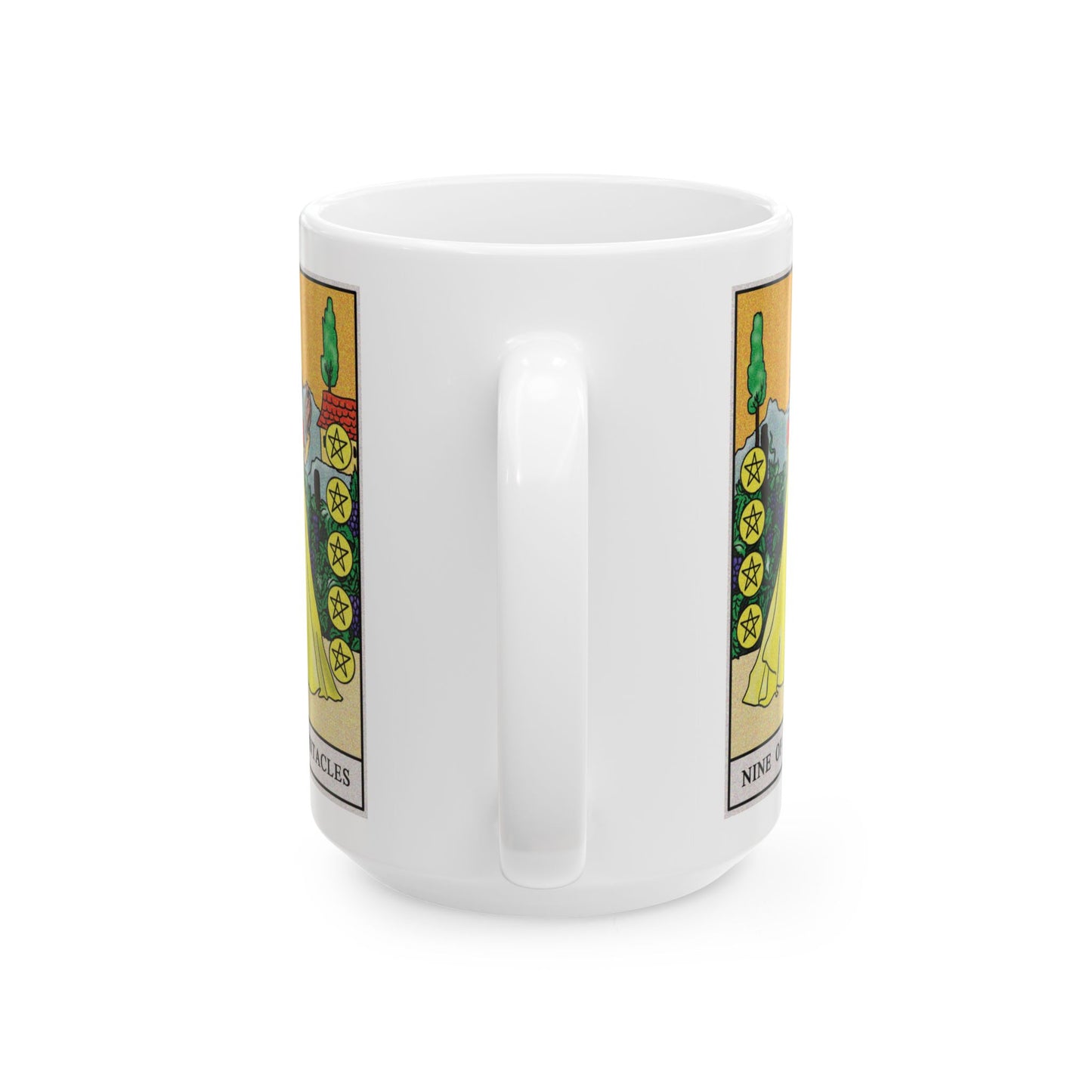 Nine of Pentacles Tarot Card Coffee Mug - Double Sided White Ceramic 15oz by TheGlassyLass.com