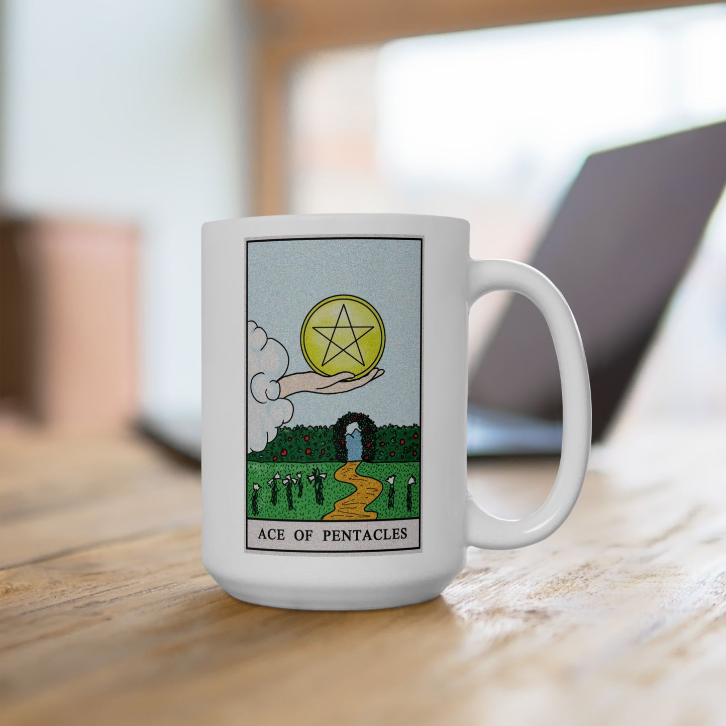 Ace of Pentacles Tarot Card Coffee Mug - Double Sided White Ceramic 15oz by TheGlassyLass.com