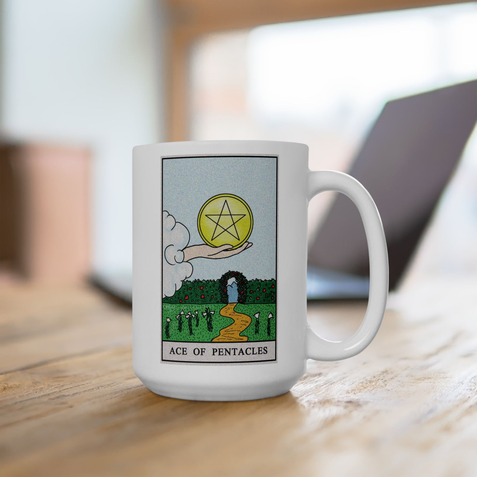 Ace of Pentacles Tarot Card Coffee Mug - Double Sided White Ceramic 15oz by TheGlassyLass.com
