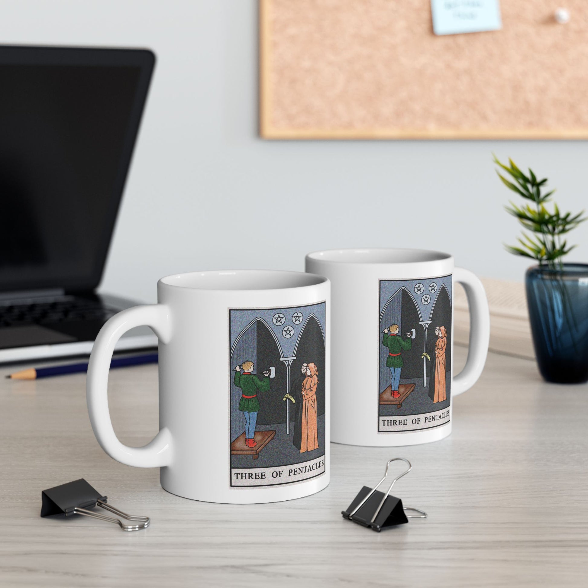 Three of Pentacles Tarot Card Coffee Mug - Double Sided Print, White Ceramic, 11oz by TheGlassyLass.com