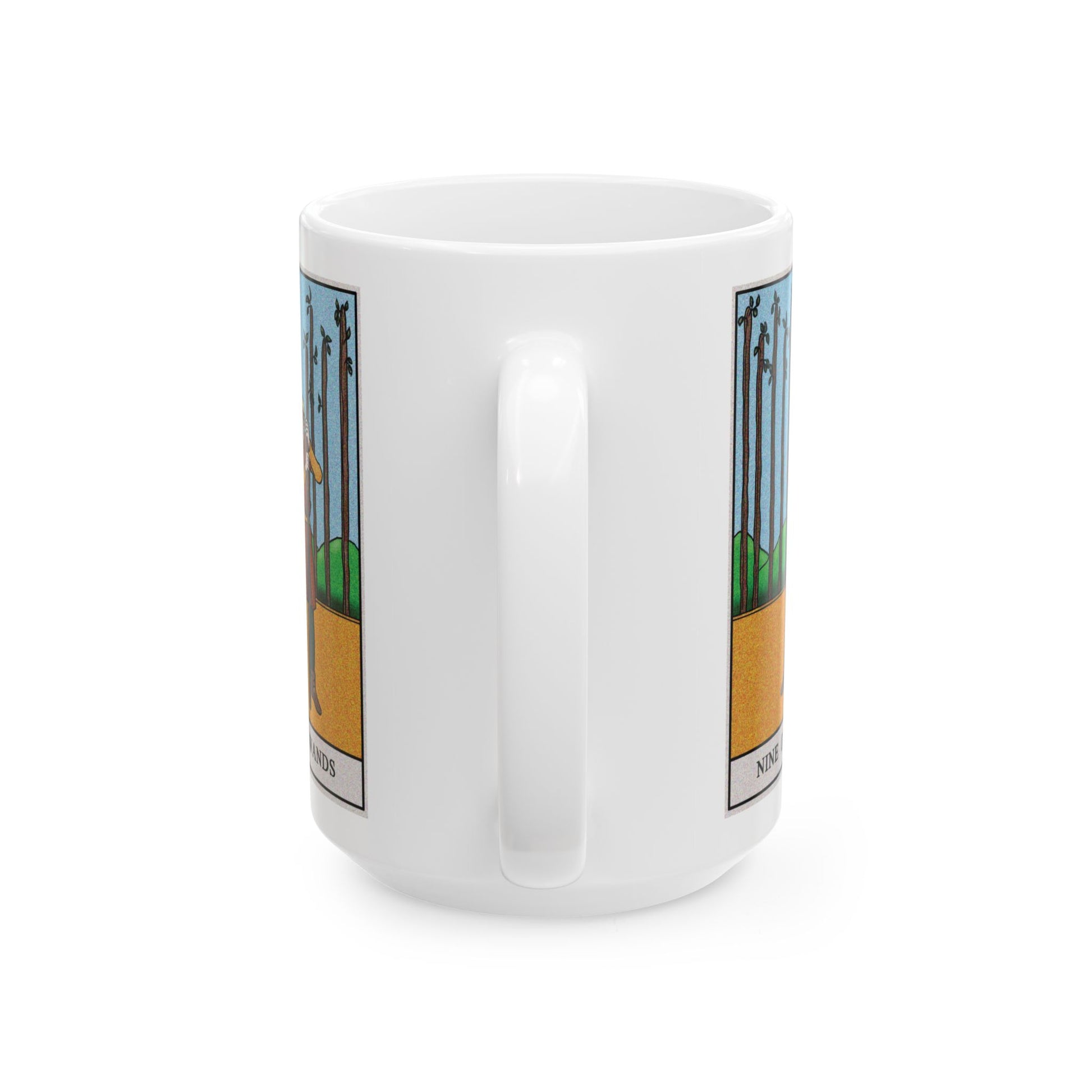 Nine of Wands Tarot Card Coffee Mug - Double Sided White Ceramic 15oz by TheGlassyLass.com