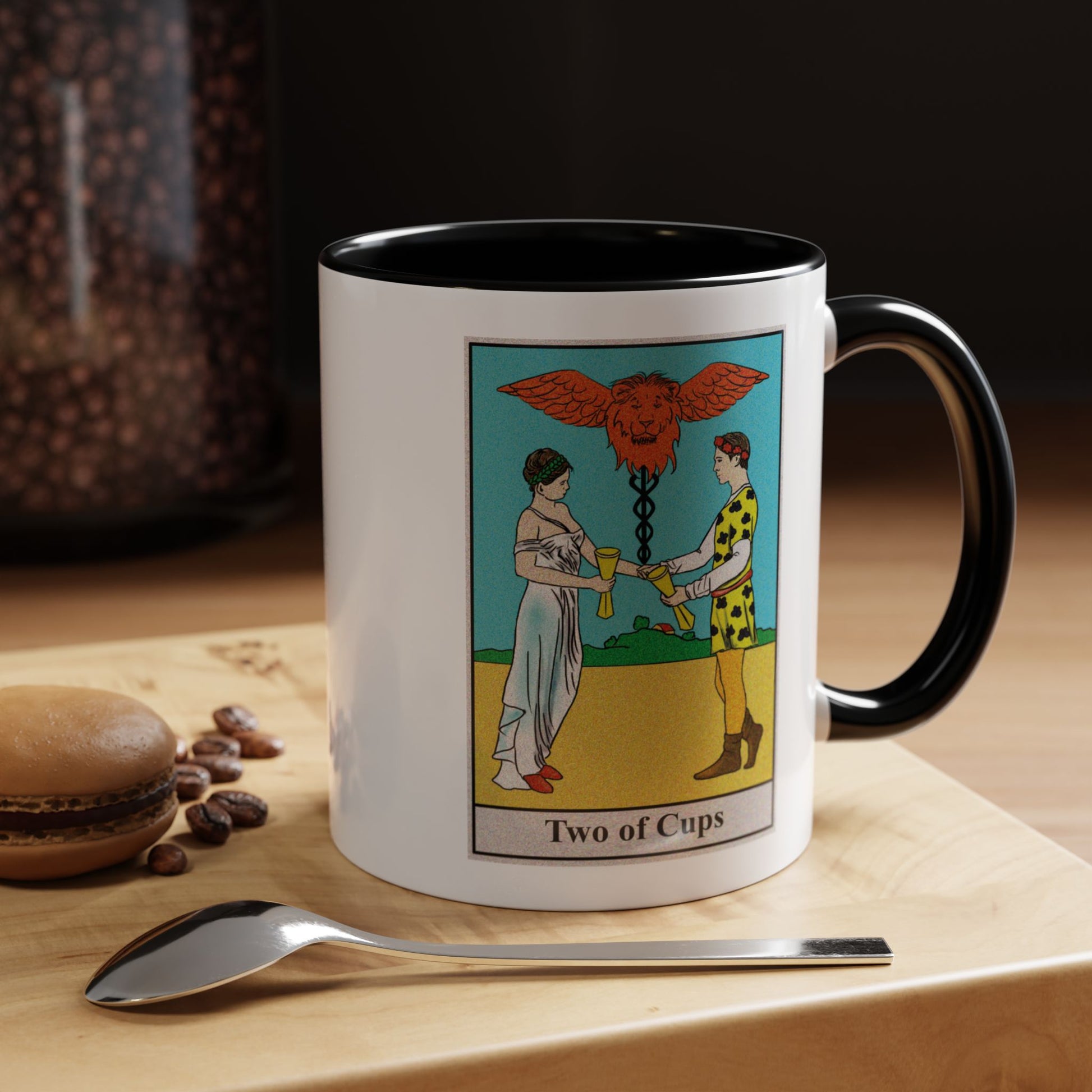 Two of Cups Tarot Card Coffee Mug - Double Sided Print, Black Accent White Ceramic, 11oz by TheGlassyLass.com