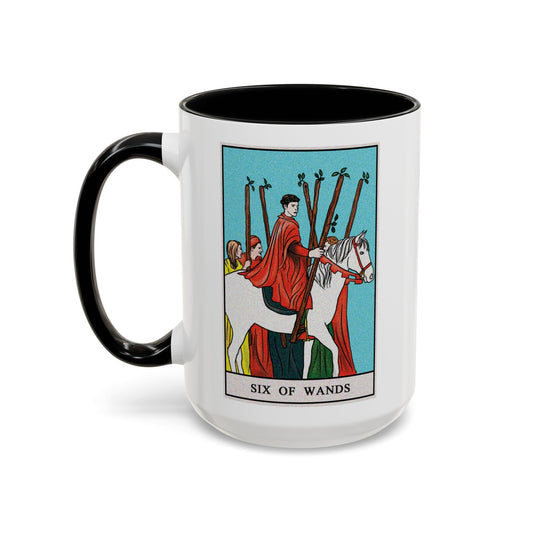 Six of Wands Tarot Card Coffee Mug - Double Sided Black Accent White Ceramic 15oz by TheGlassyLass.com