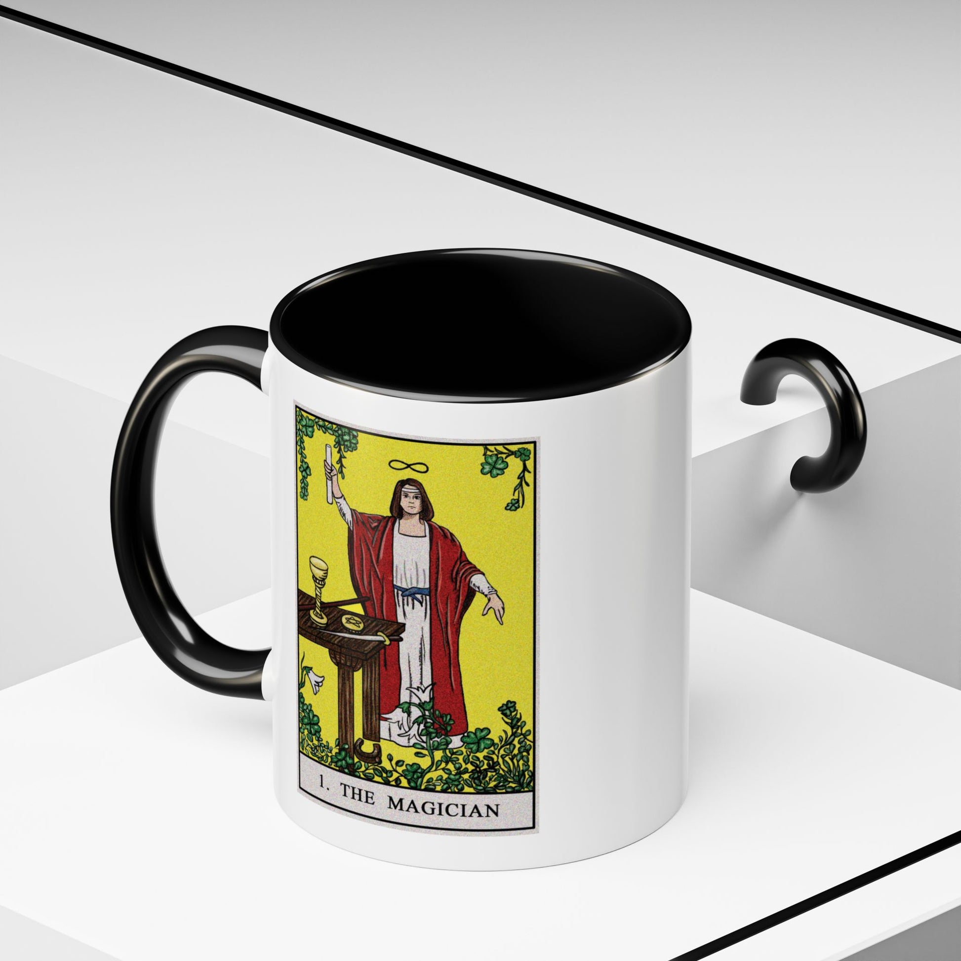 The Magician Tarot Card Coffee Mug - Double Sided Print, Black Accent White Ceramic, 11oz by TheGlassyLass.com