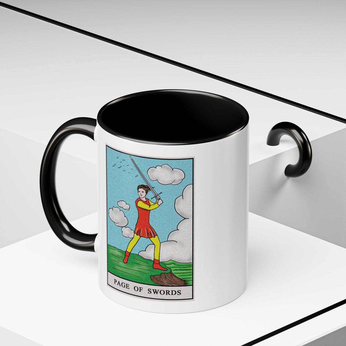 Page of Swords Tarot Card Coffee Mug - Double Sided Print, Black Accent White Ceramic, 11oz by TheGlassyLass.com