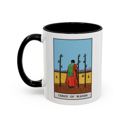 Three of Wands Tarot Card Coffee Mug - Double Sided Print, Black Accent White Ceramic, 11oz by TheGlassyLass.com