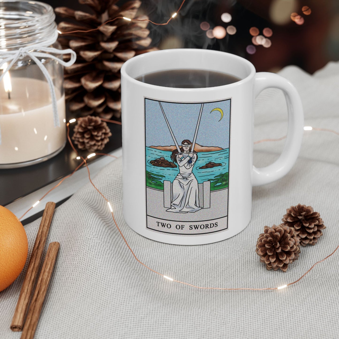 Two of Swords Tarot Card Coffee Mug - Double Sided Print, White Ceramic, 11oz by TheGlassyLass.com