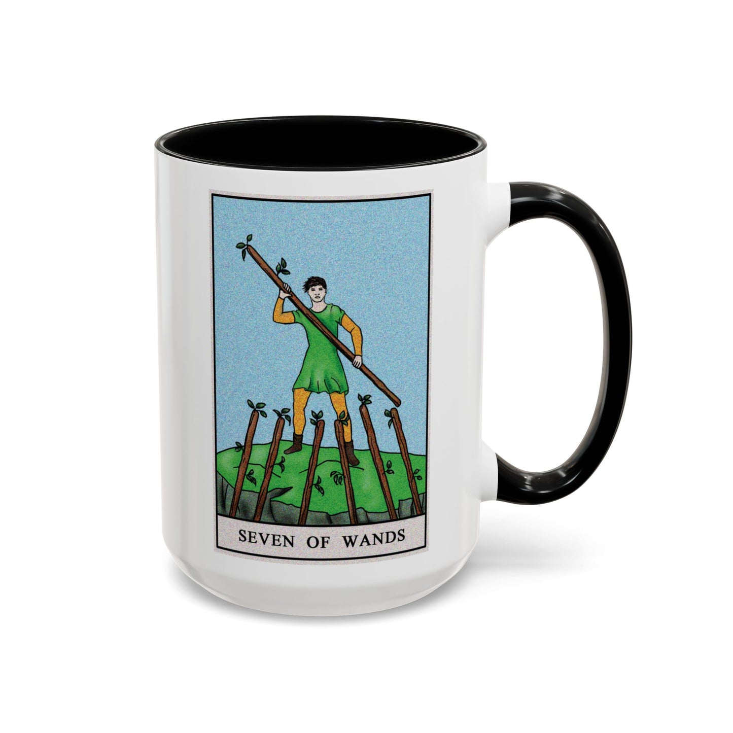 Seven of Wands Tarot Card Coffee Mug - Double Sided Black Accent White Ceramic 15oz by TheGlassyLass