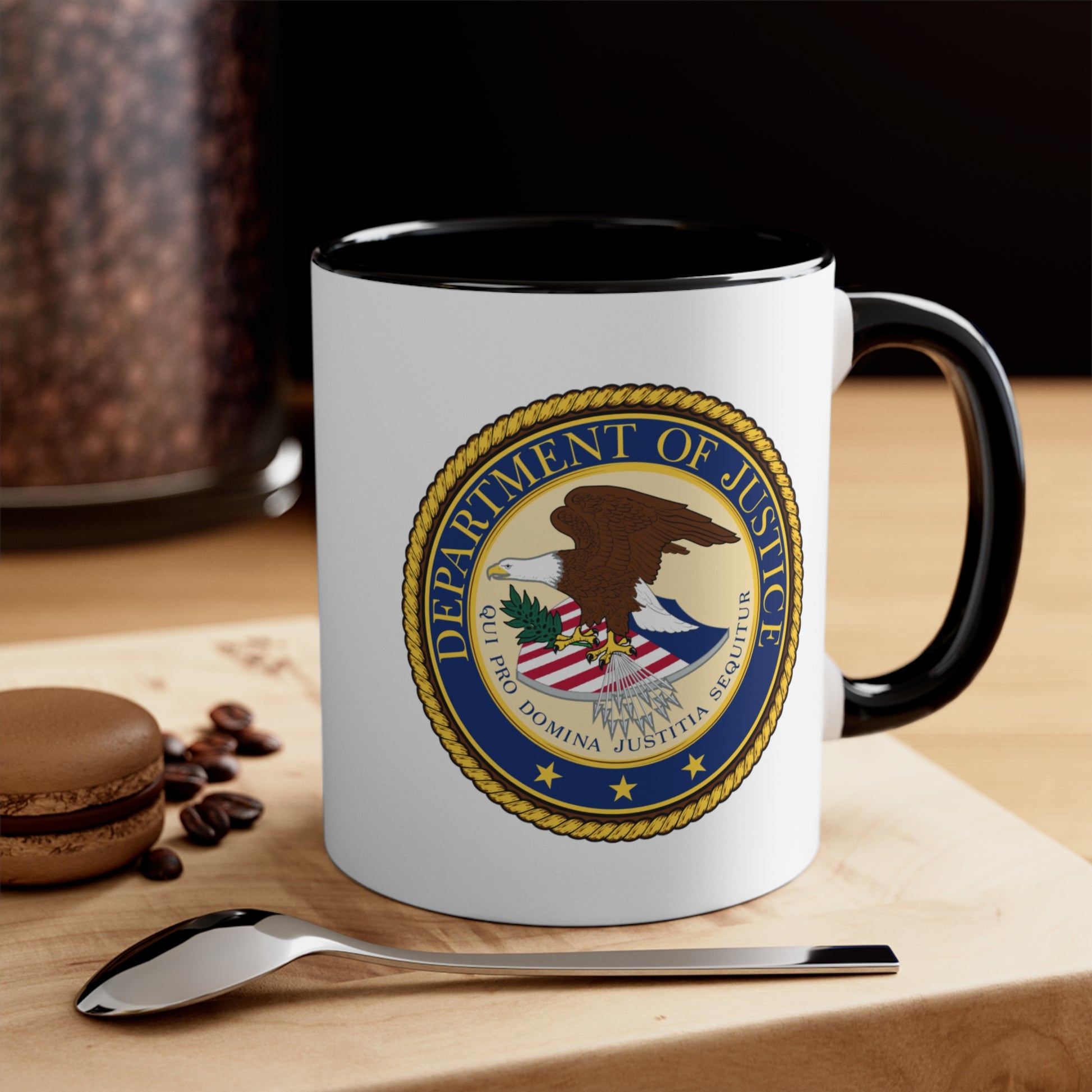 Department of Justice Coffee Mug - Double Sided Black Accent White Ceramic 11oz by TheGlassyLass