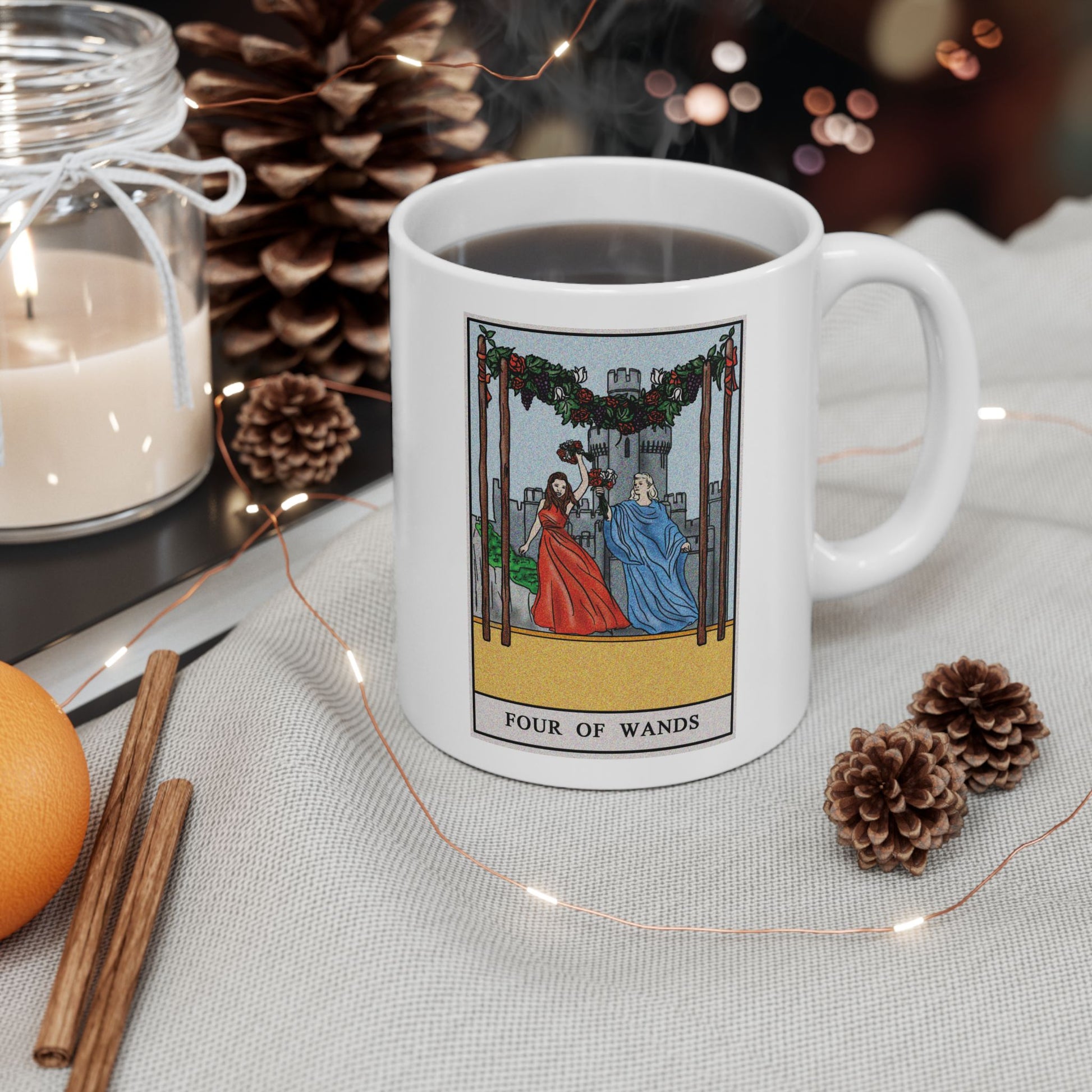 Four of Wands of Wands Tarot Card Coffee Mug - Double Sided Print, White Ceramic, 11oz by TheGlassyLass.com