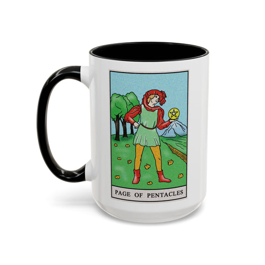 Page of Pentacles Tarot Card Coffee Mug - Double Sided Black Accent White Ceramic 15oz by TheGlassyLass.com