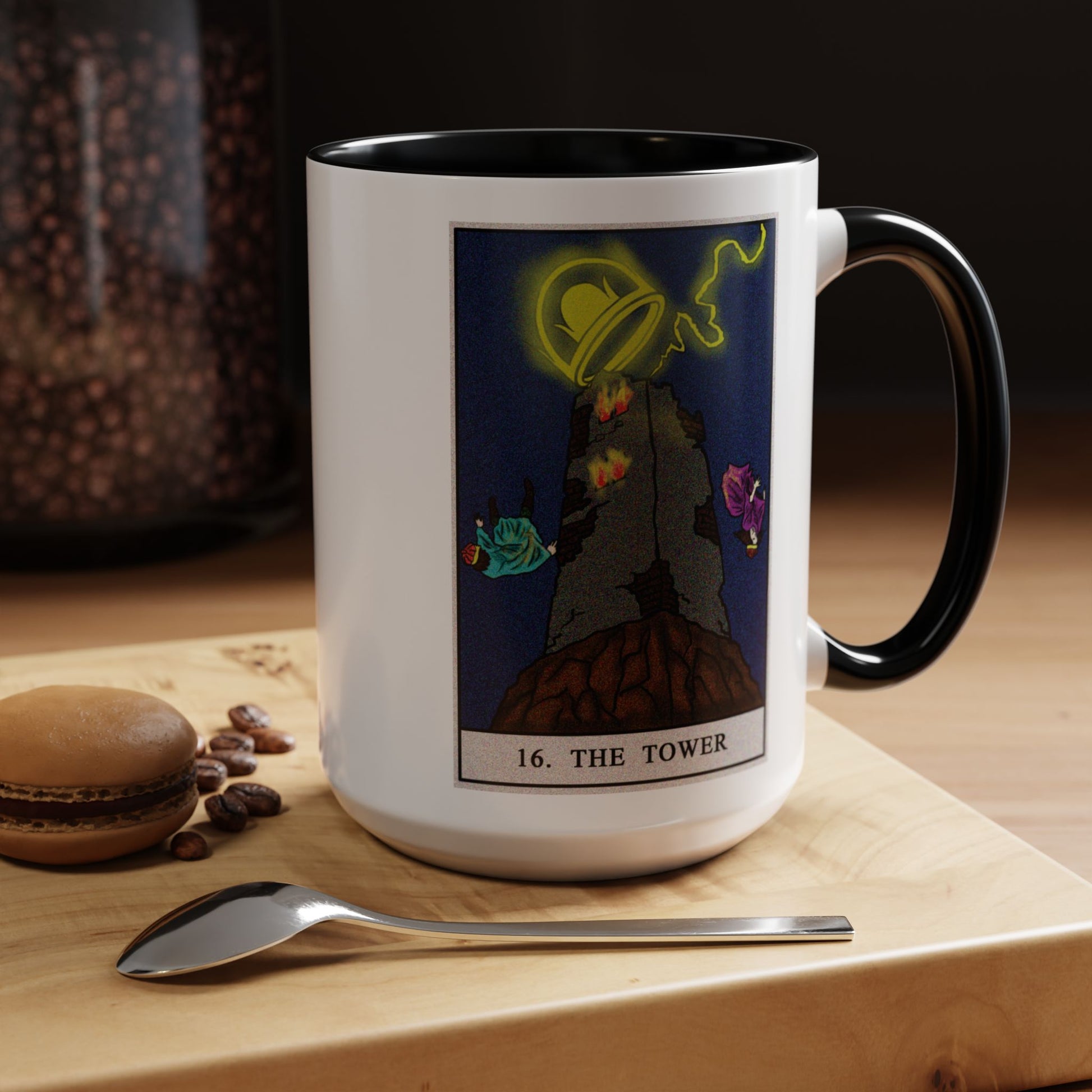 The Tower Tarot Card Coffee Mug - Double Sided Black Accent White Ceramic 15oz by TheGlassyLass.com