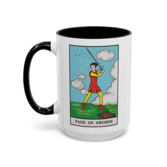 Page of Swords Tarot Card Coffee Mug - Double Sided Black Accent White Ceramic 15oz by TheGlassyLass.com