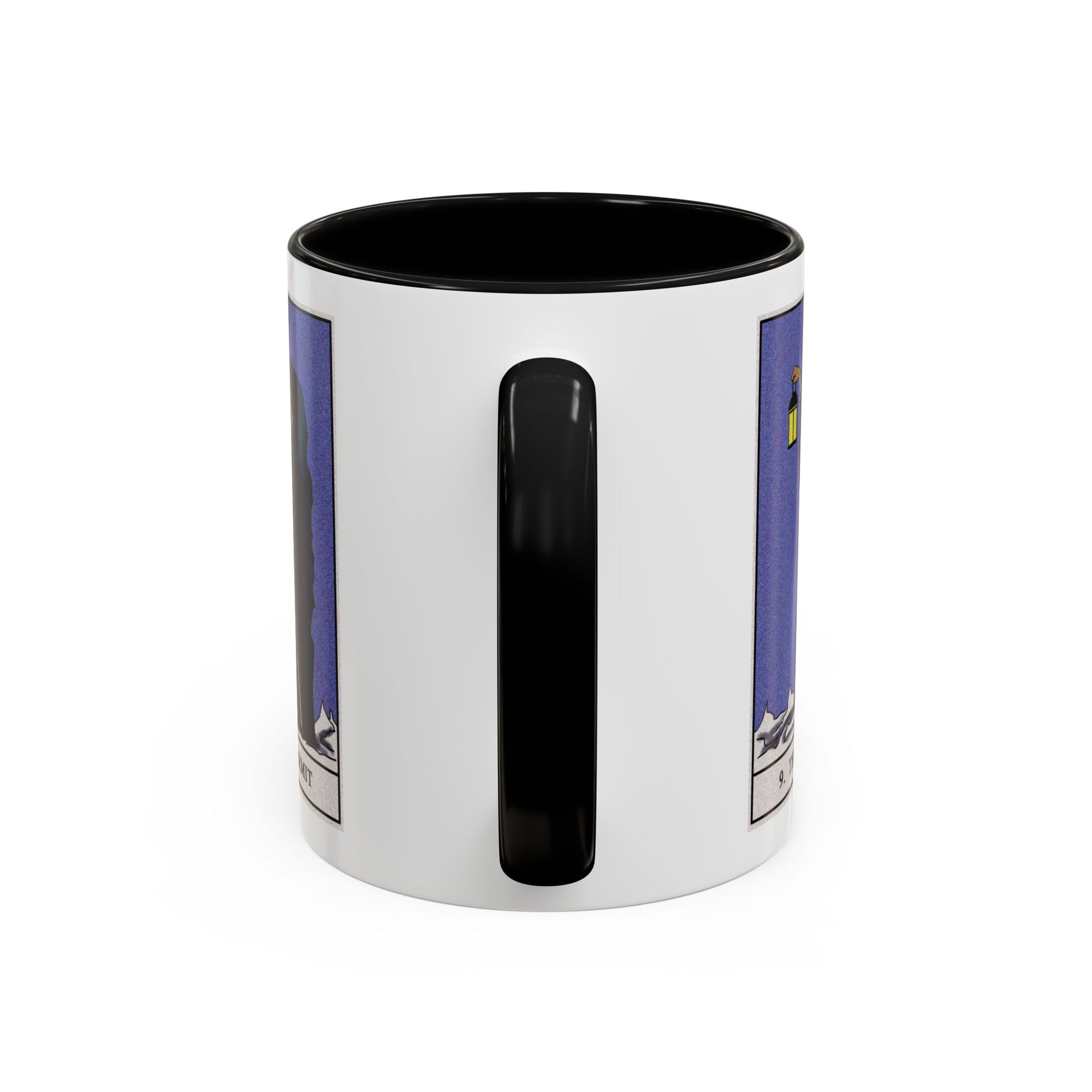 The Hermit Tarot Card Coffee Mug - Double Sided Print, Black Accent White Ceramic, 11oz by TheGlassyLass.com