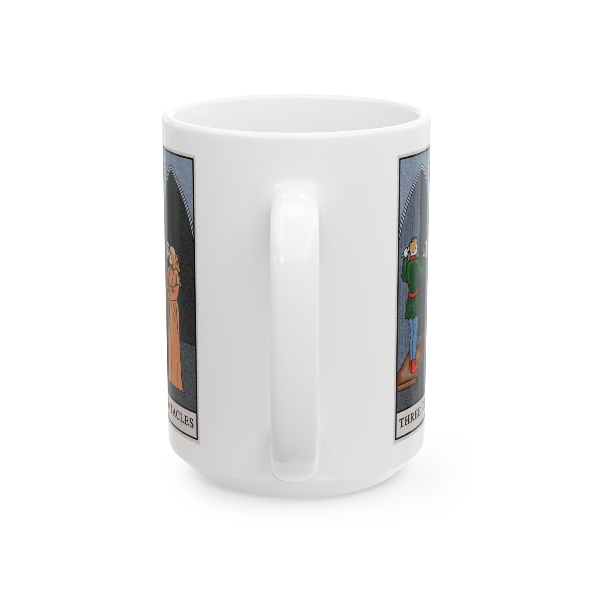 Three of Pentacles Tarot Card Coffee Mug - Double Sided White Ceramic 15oz by TheGlassyLass.com