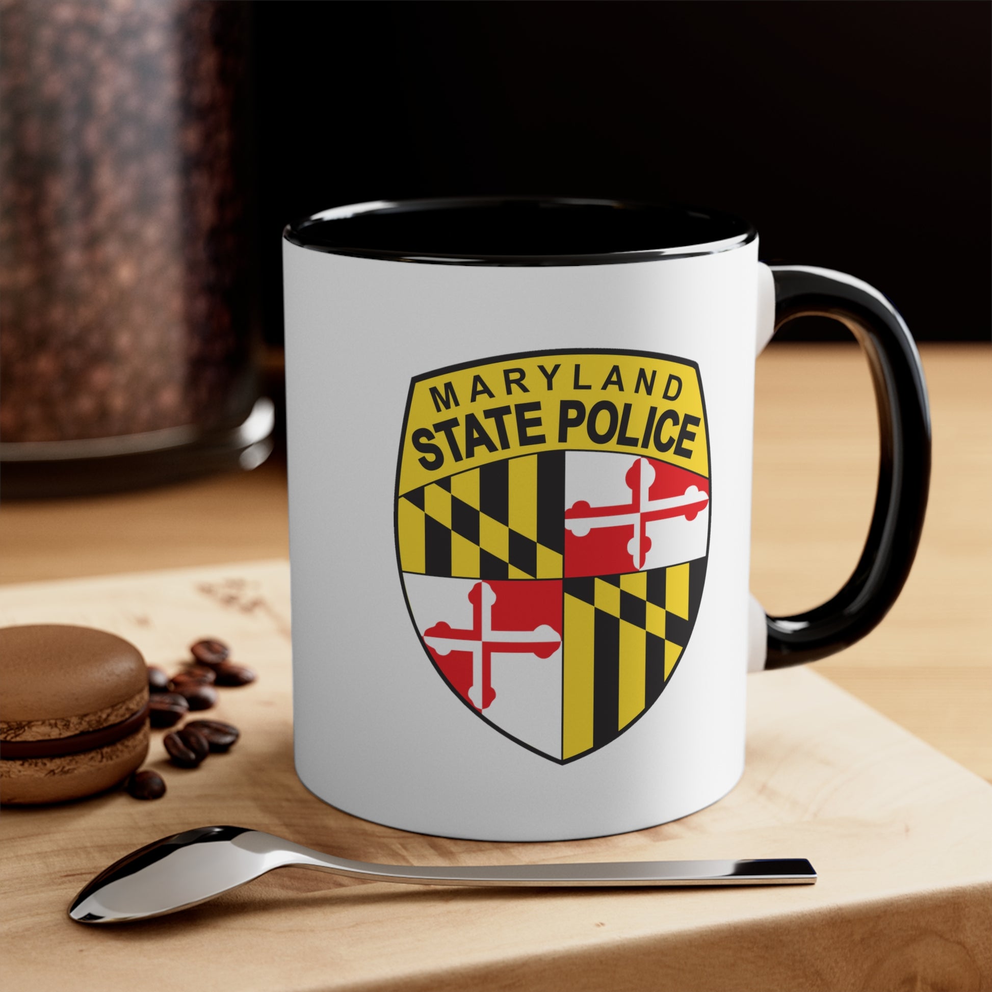 Maryland State Police Coffee Mug - Double Sided Black Accent White Ceramic 11oz by TheGlassyLass.com