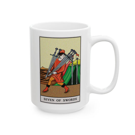 Seven of Swords Tarot Card Coffee Mug - Double Sided White Ceramic 15oz by TheGlassyLass.com
