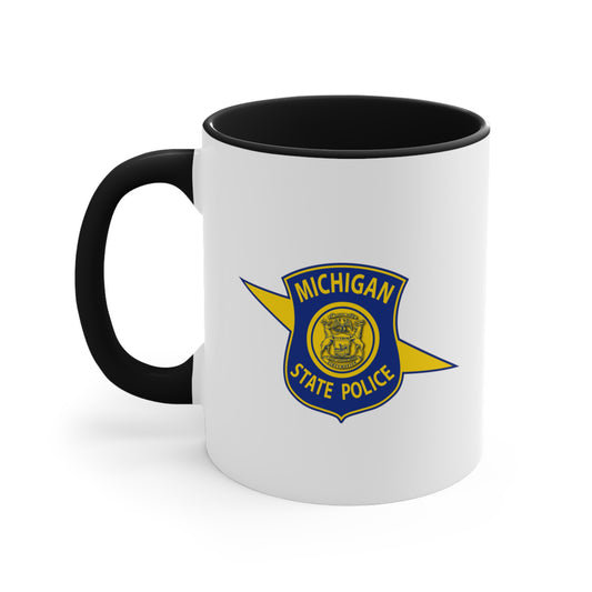 Michigan State Police Coffee Mug - Double Sided Black Accent White Ceramic 11oz by TheGlassyLass