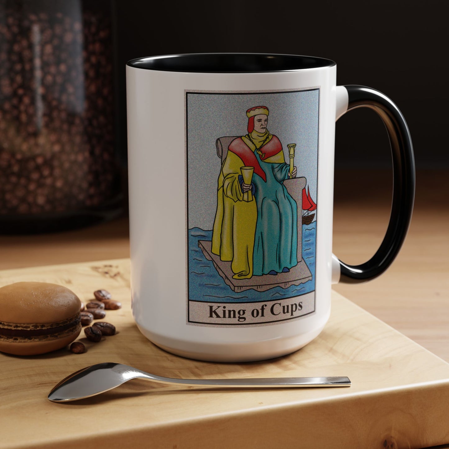 King of Cups Tarot Card Coffee Mug - Double Sided Black Accent White Ceramic 15oz by TheGlassyLass.com