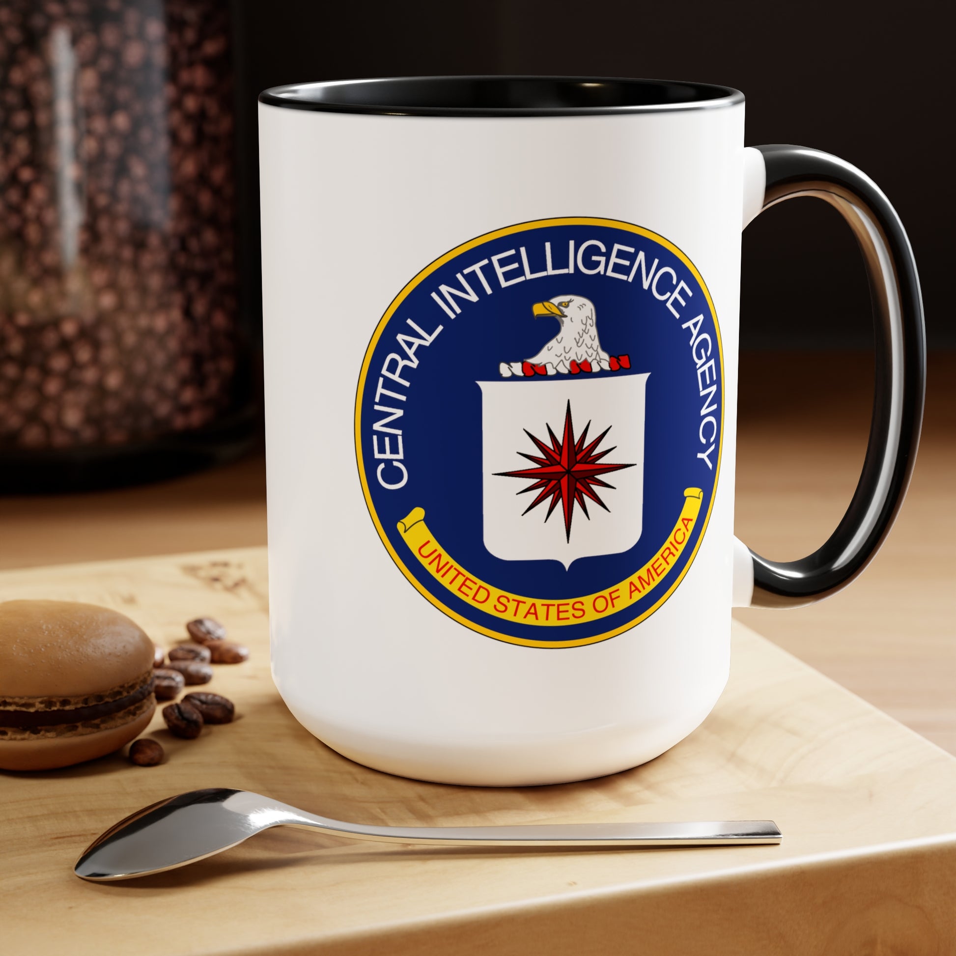 CIA Logo Coffee Mug - Double Sided Black Accent White Ceramic 15oz by TheGlassyLass