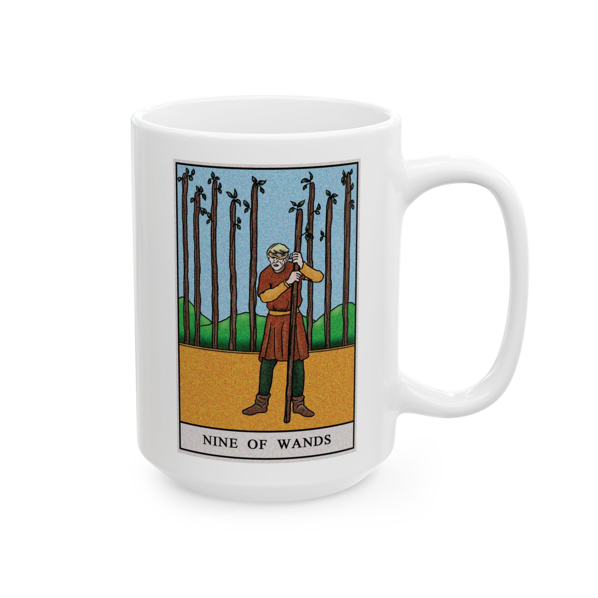 Nine of Wands Tarot Card Coffee Mug - Double Sided White Ceramic 15oz by TheGlassyLass.com