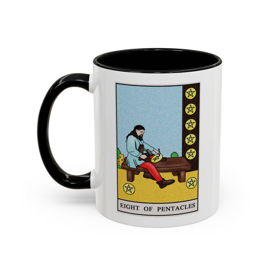 Eight of Pentacles Tarot Card Coffee Mug - Double Sided Print, Black Accent White Ceramic, 11oz by TheGlassyLass.com