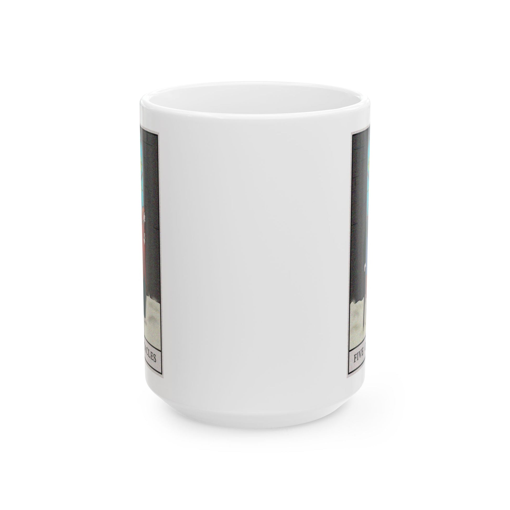 Five of Pentacles Tarot Card Coffee Mug - Double Sided White Ceramic 15oz by TheGlassyLass.com