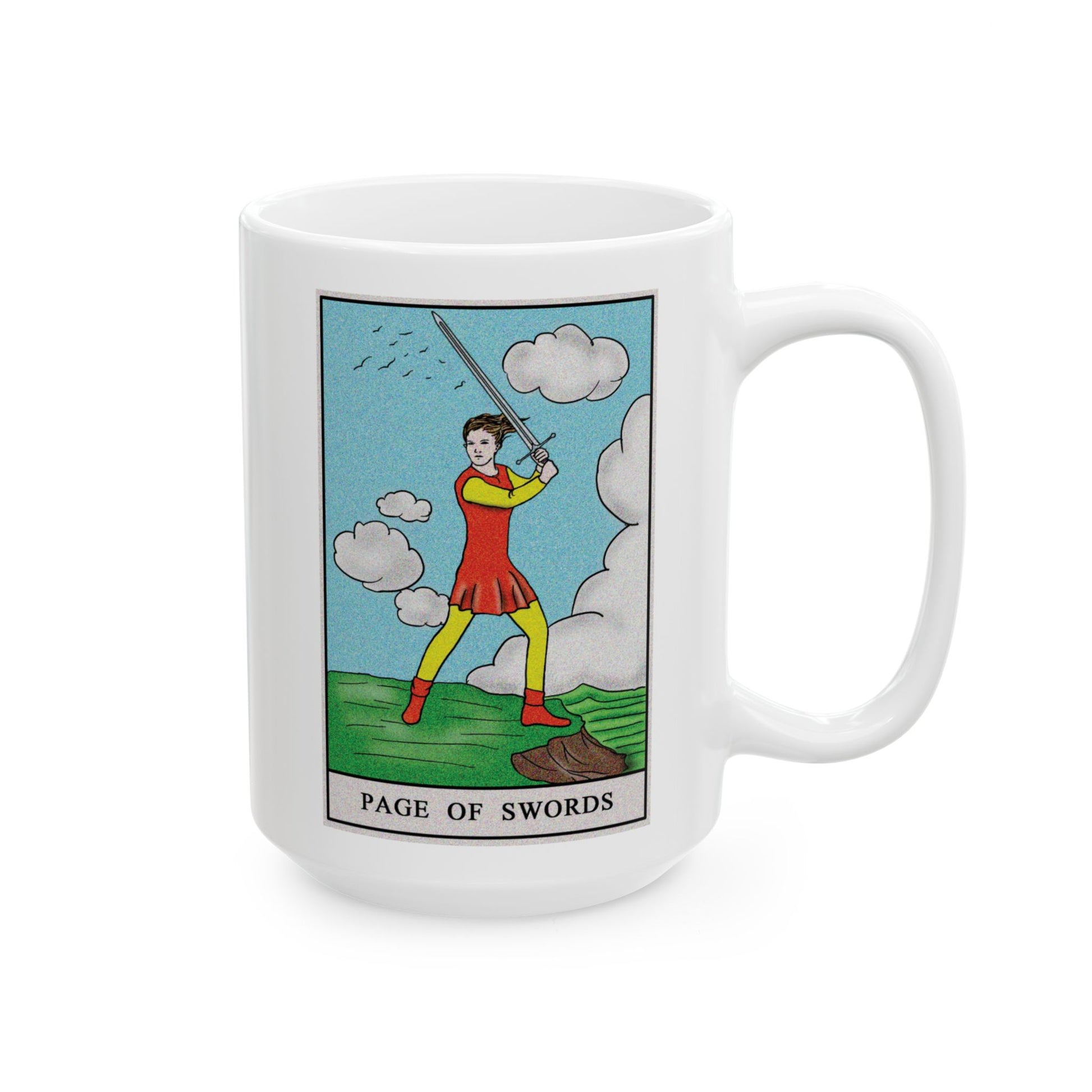 Page of Swords Tarot Card Coffee Mug - Double Sided White Ceramic 15oz by TheGlassyLass.com