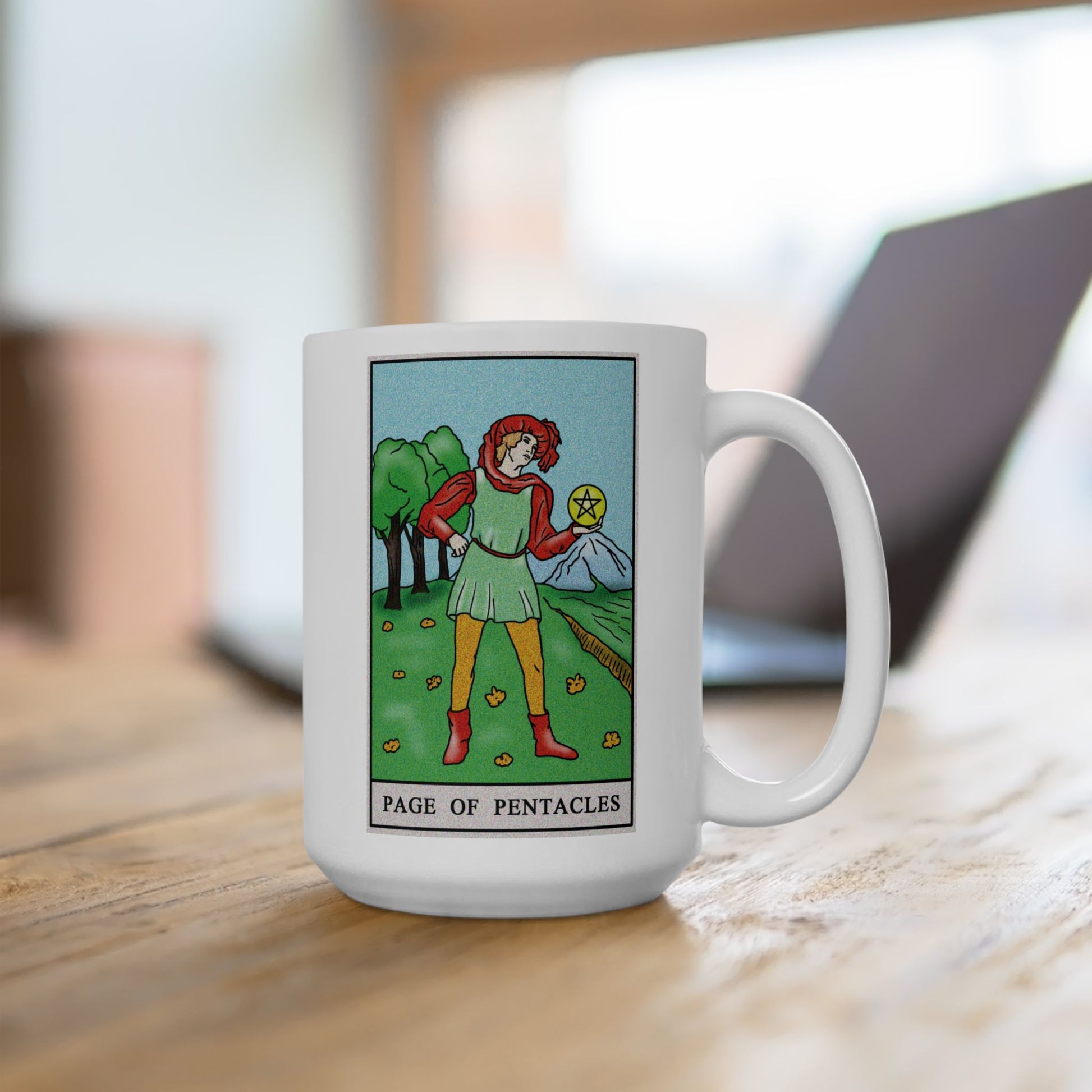 Page of Pentacles Tarot Card Coffee Mug - Double Sided White Ceramic 15oz by TheGlassyLass.com