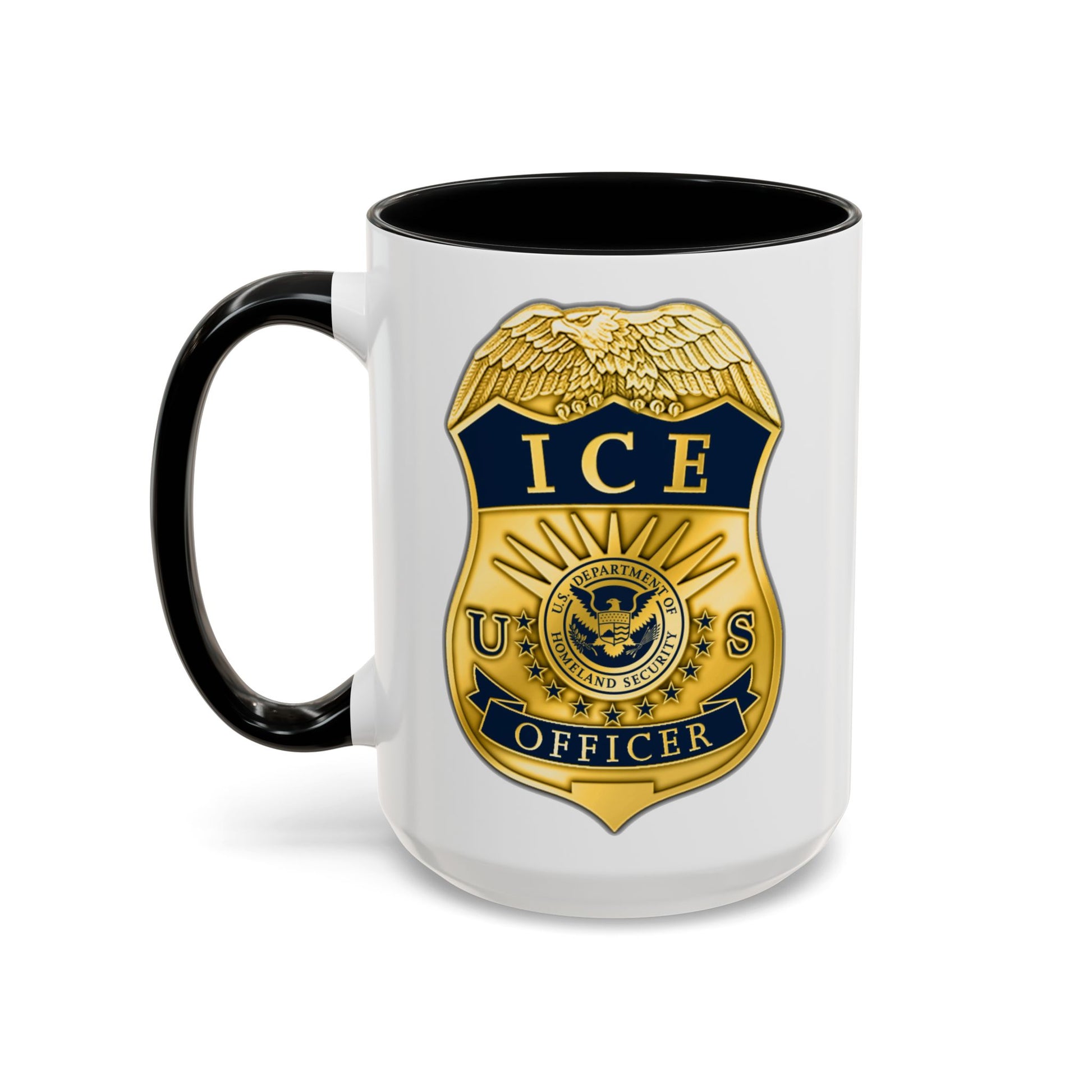 ICE Immigration and Customs Enforcement Badge Coffee Mug - Double Sided Black Accent White Ceramic 15oz by TheGlassyLass.com