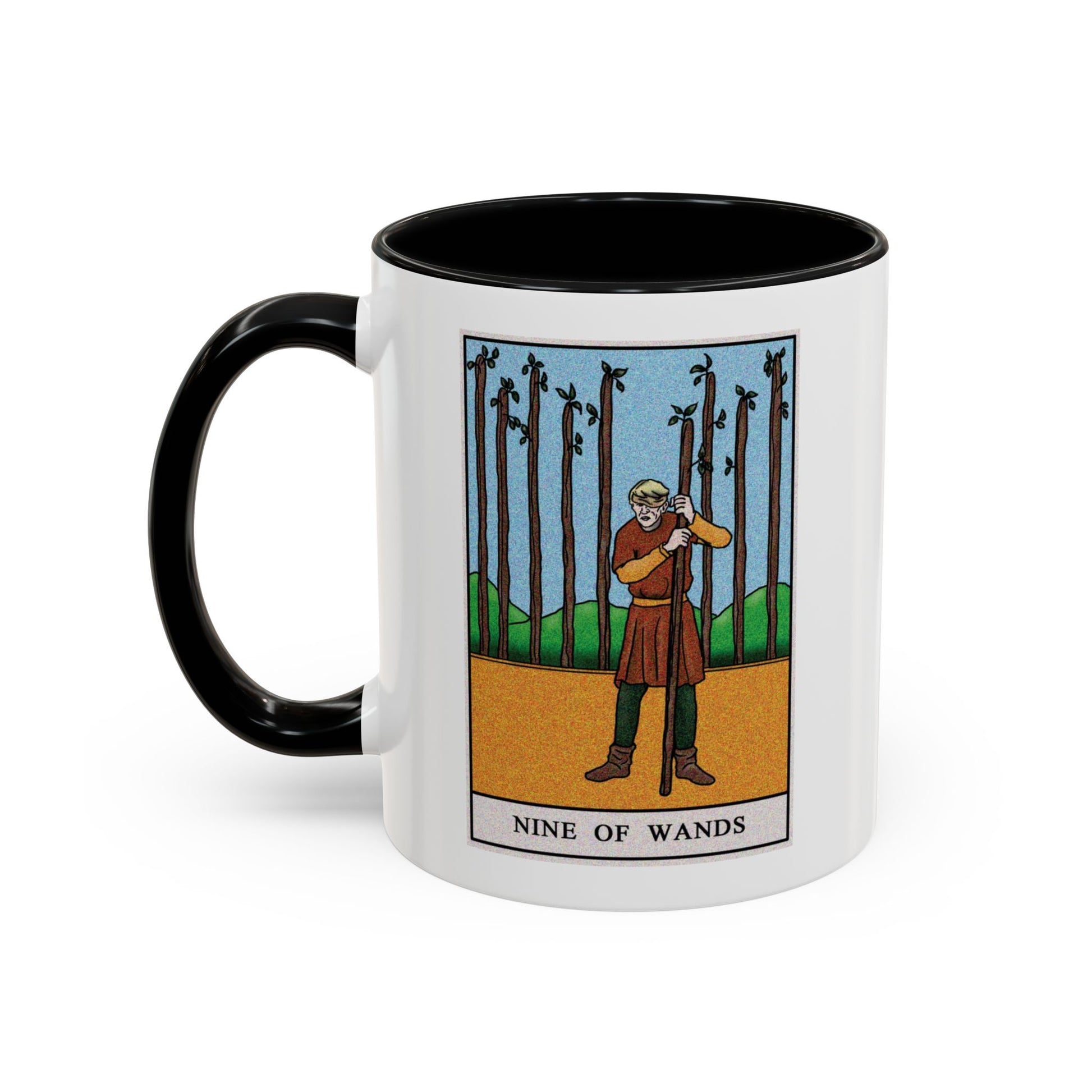 Nine of Wands Tarot Card Coffee Mug - Double Sided Print, Black Accent White Ceramic, 11oz by TheGlassyLass.com