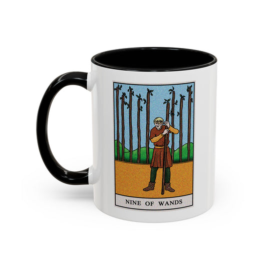 Nine of Wands Tarot Card Coffee Mug - Double Sided Print, Black Accent White Ceramic, 11oz by TheGlassyLass.com